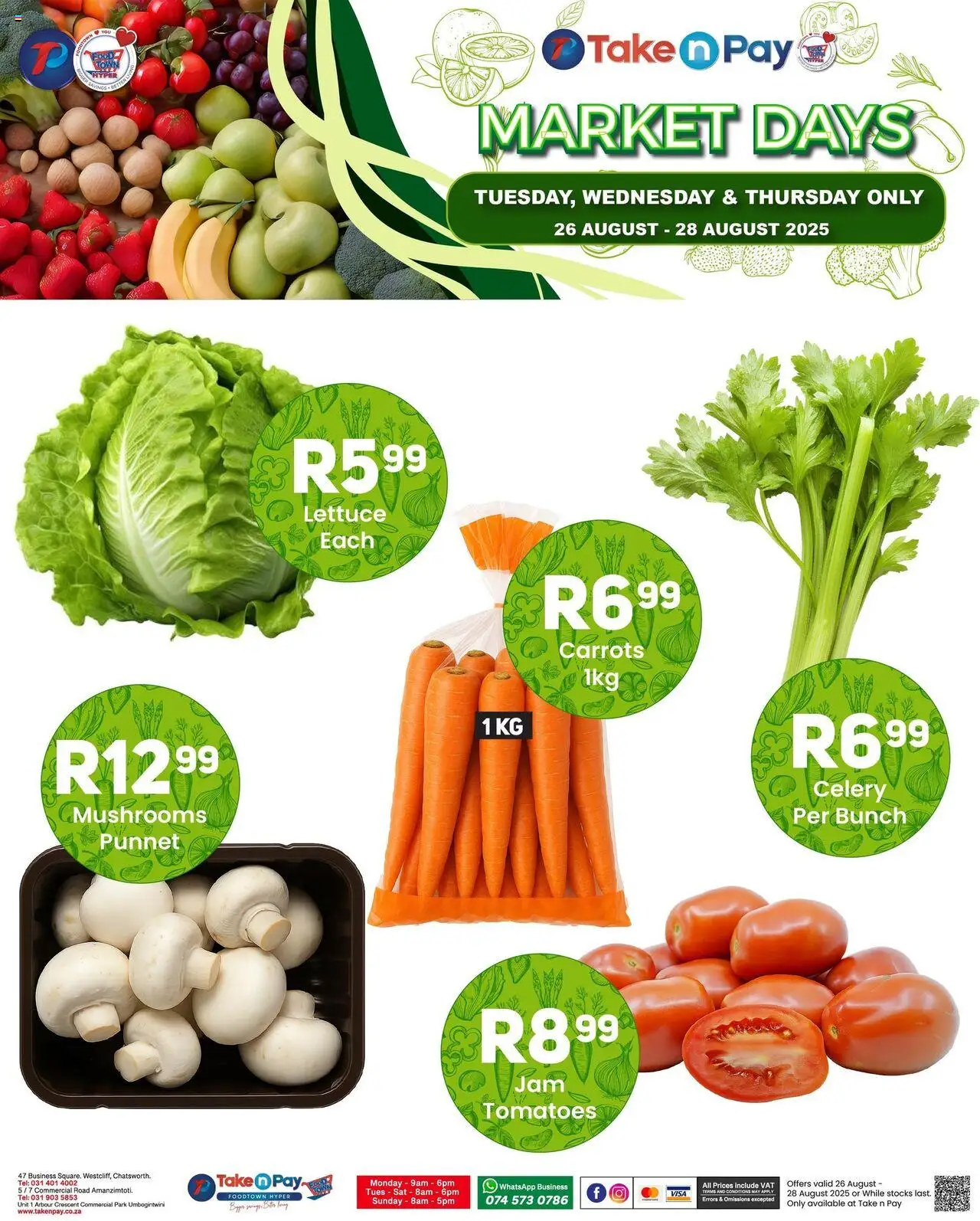 Take n Pay Market Day │ valid from 26.08.2025 | Page: 3 | Products: Mushrooms, Tomatoes, Carrots, Lettuce