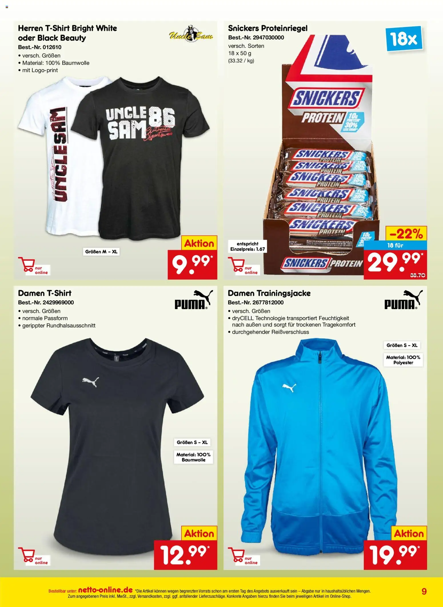 Netto Marken-Discount Online-Angebote Januar – gültig ab 01.01.2026 | Seite: 9 | Produkte: Trainingsjacke, Snickers