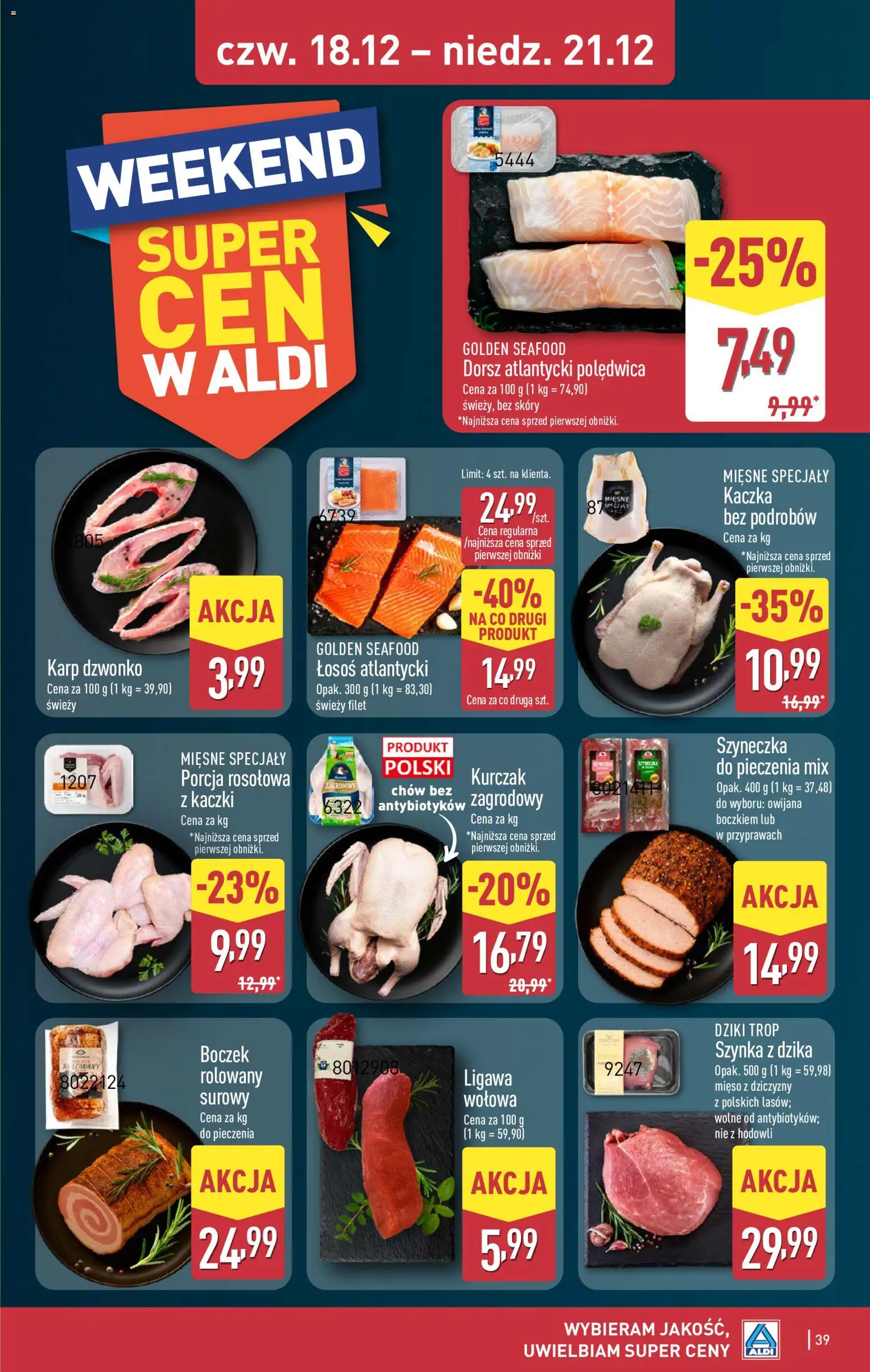 Aldi Gazetka od 15.12.2025 | Strona: 39 | Produkty: Kurczak, Karp, Dorsz, Boczek