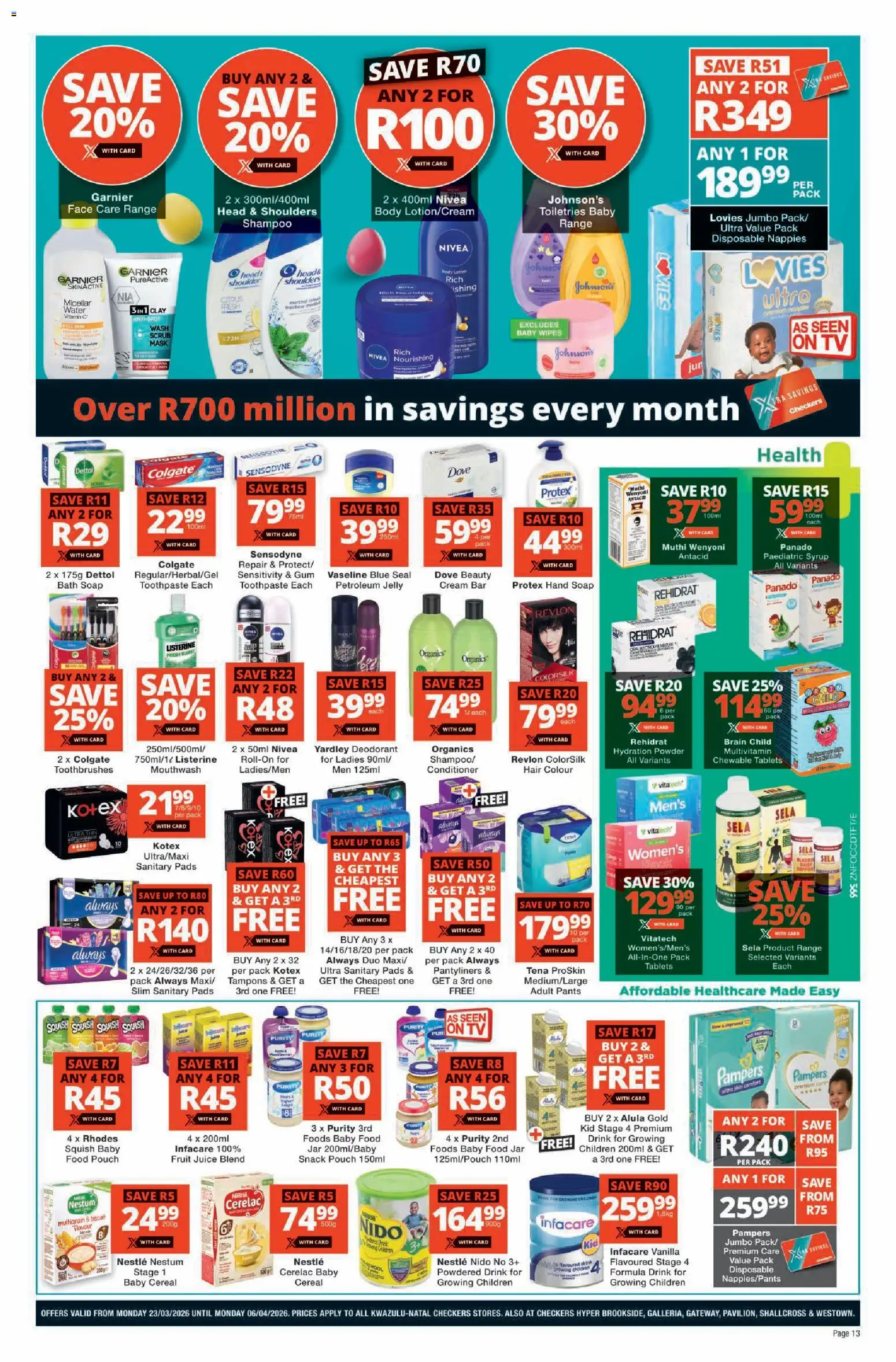 New Checkers catalogue – valid from 23.03.2026 | Page: 13 | Products: Shampoo, Cream, Toothpaste, Petroleum jelly