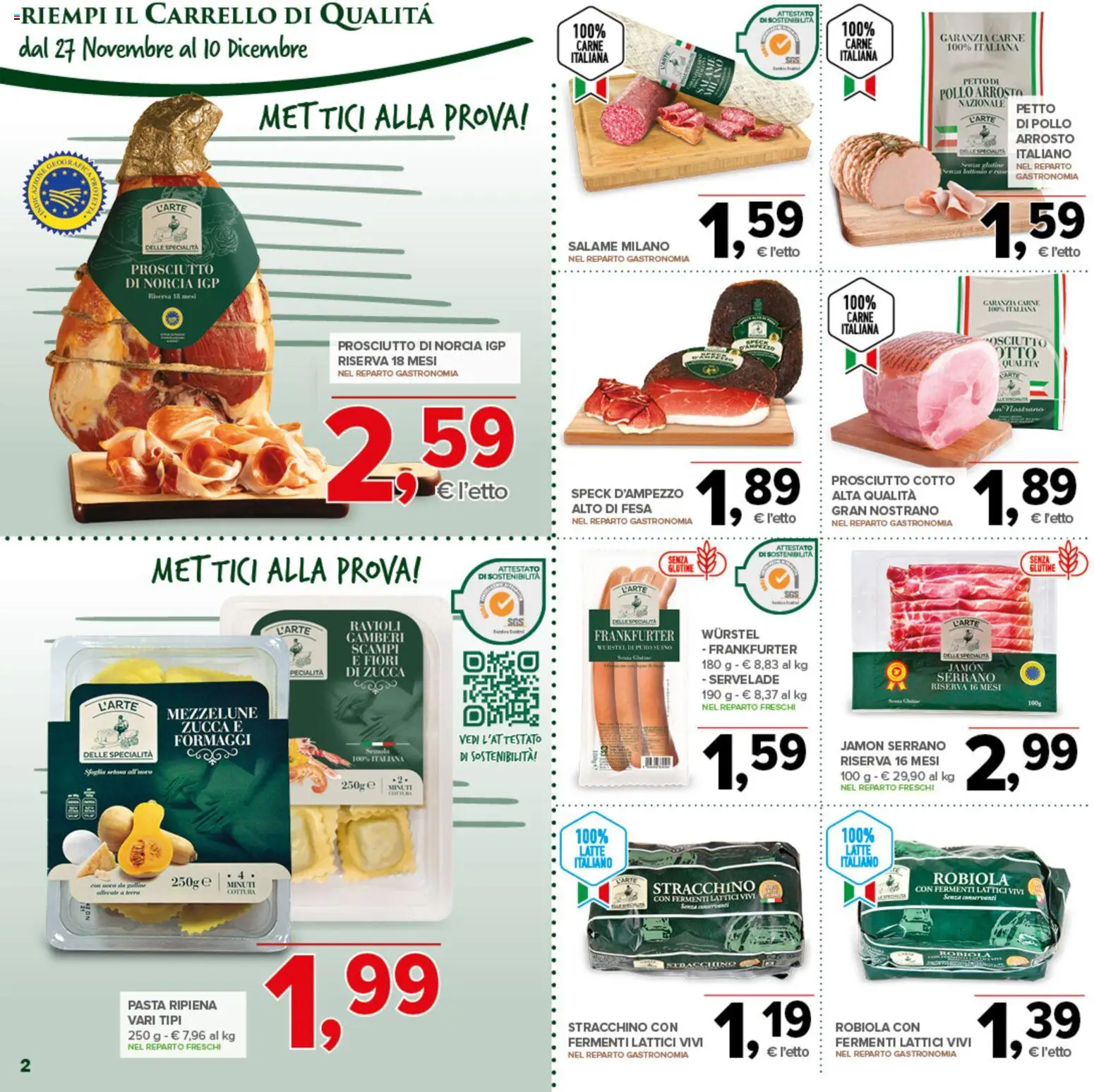 Volantino Todis del 27.11.2025 | Pagina: 2 | Prodotti: Prosciutto, Pasta, Wurstel, Zucca