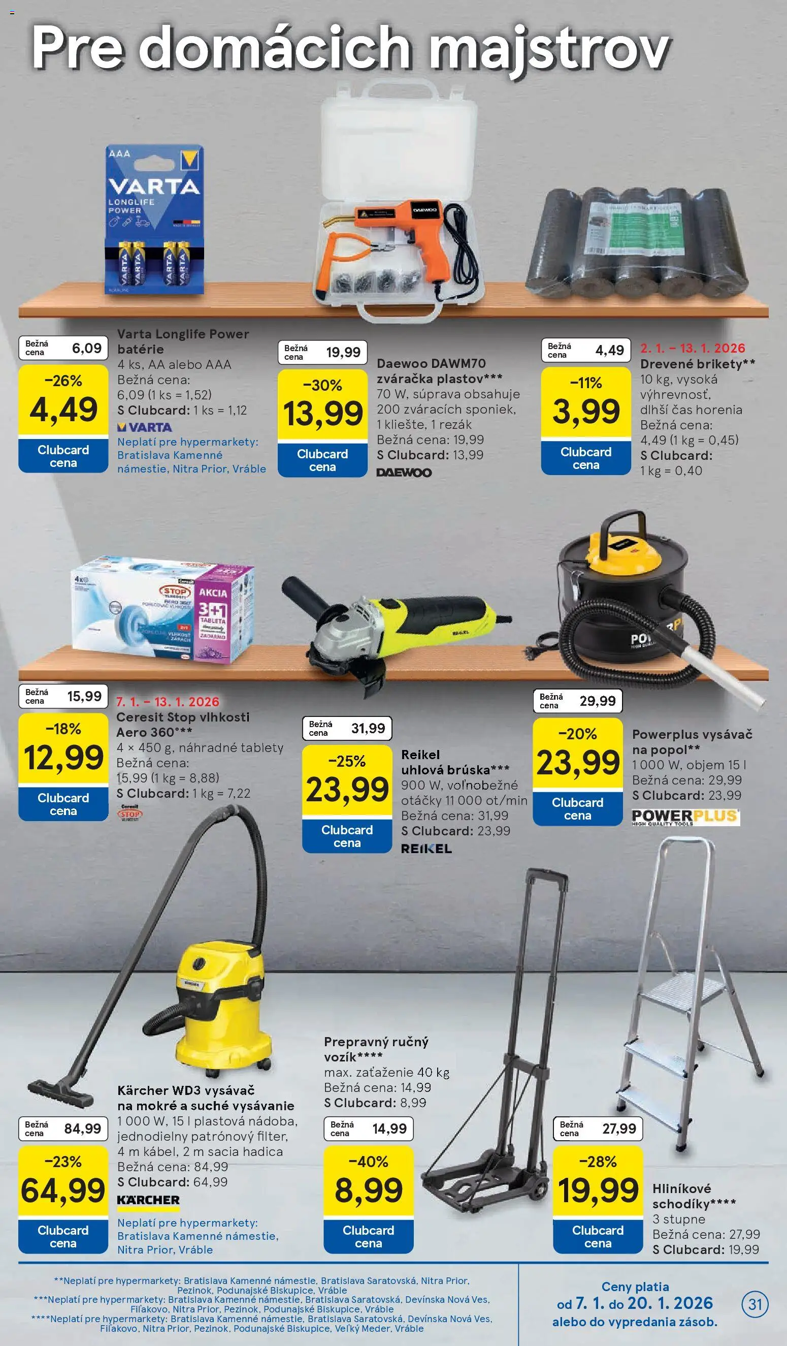 Nové Tesco akcie – leták je platný od 07.01.2026 | Strana: 31 | Produkty: Zváračka, Uhlová brúska, Vysávač