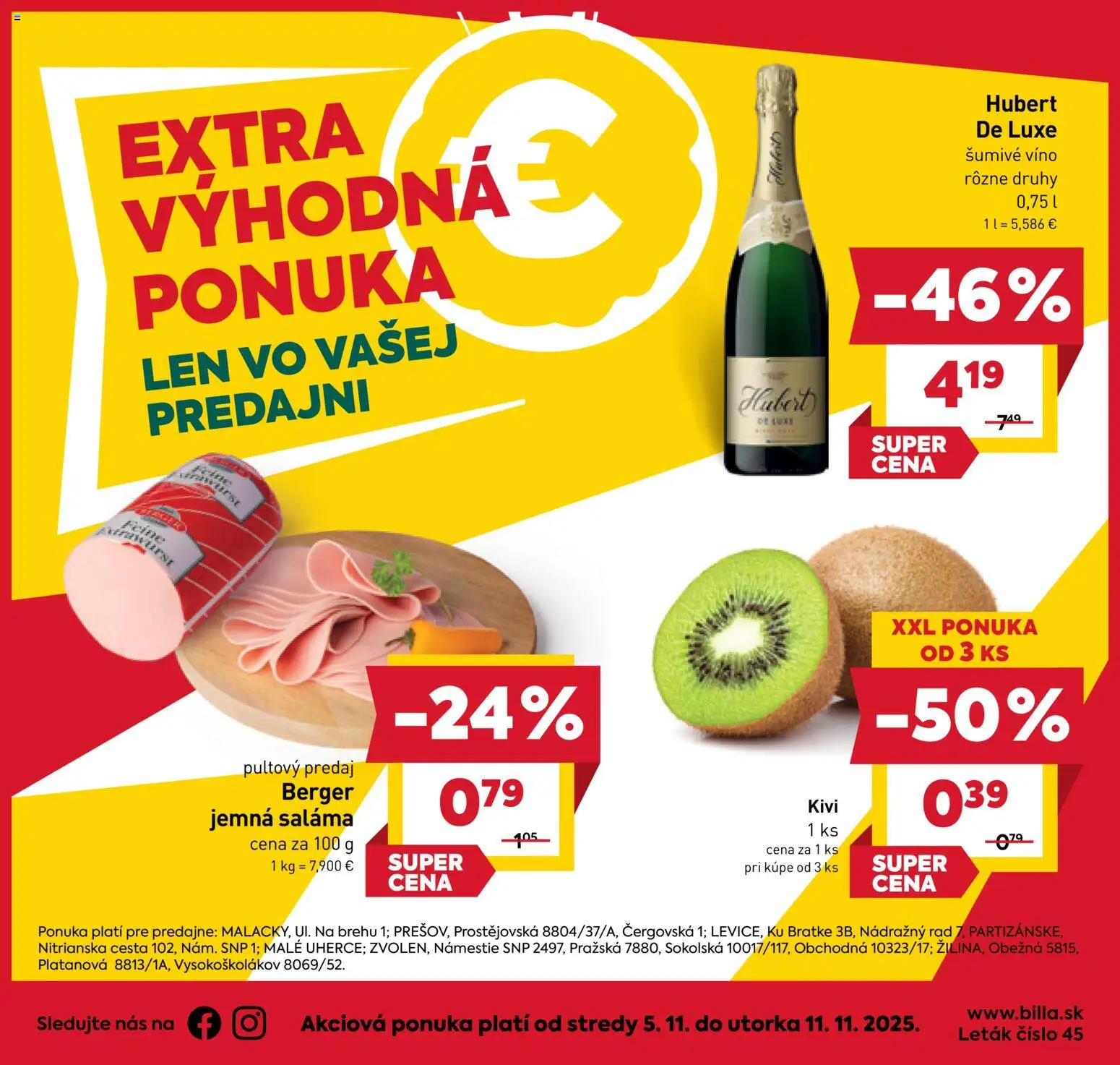 Nové Billa akcie – leták je platný od 05.11.2025 | Strana: 1 | Produkty: Saláma, Víno, Šumivé víno