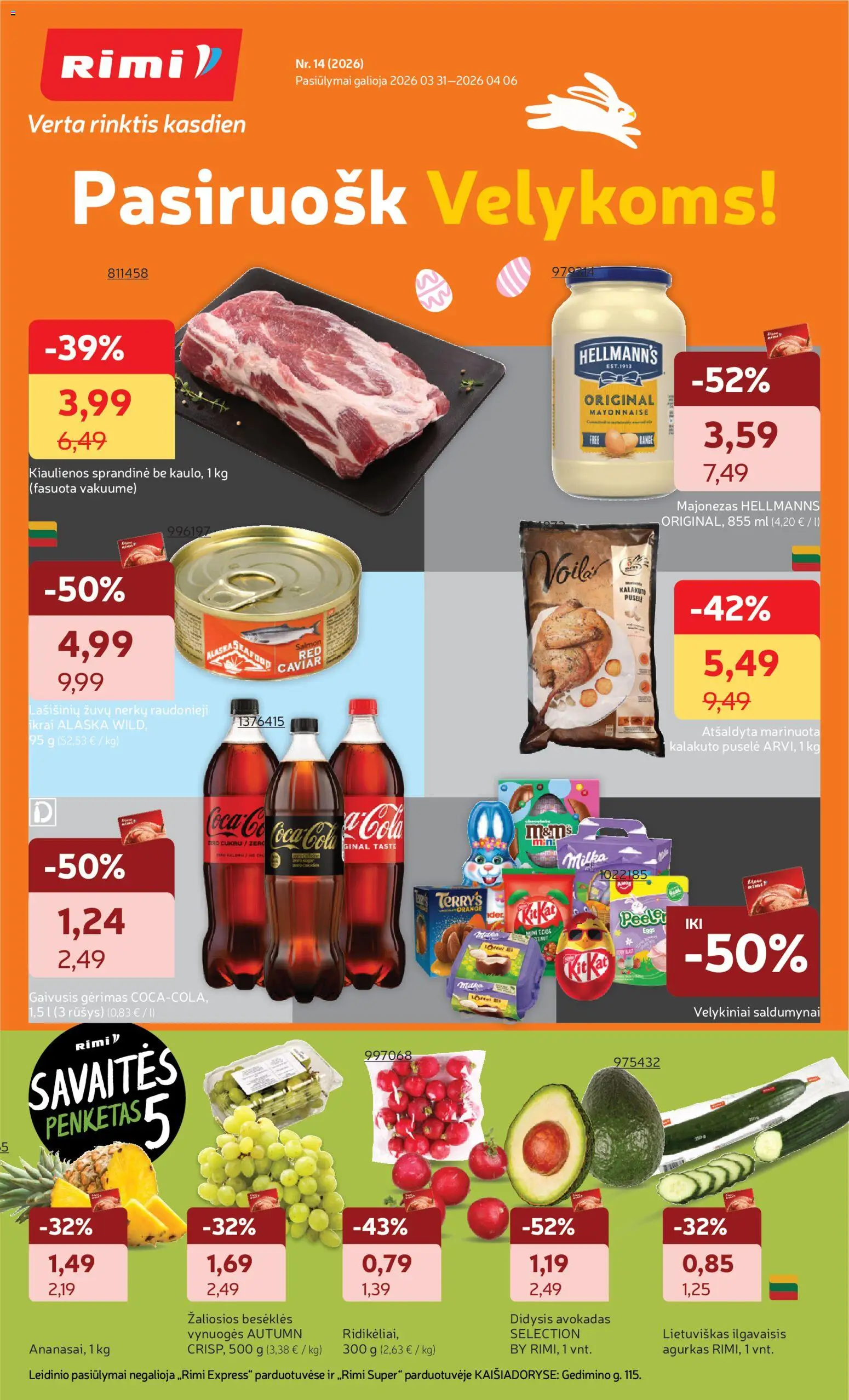 Rimi akcijos nuo 31.03.2026 | Puslapis: 1 | Prekių: Gaivusis gėrimas, Kiaulienos, Vynuogės, Ikrai