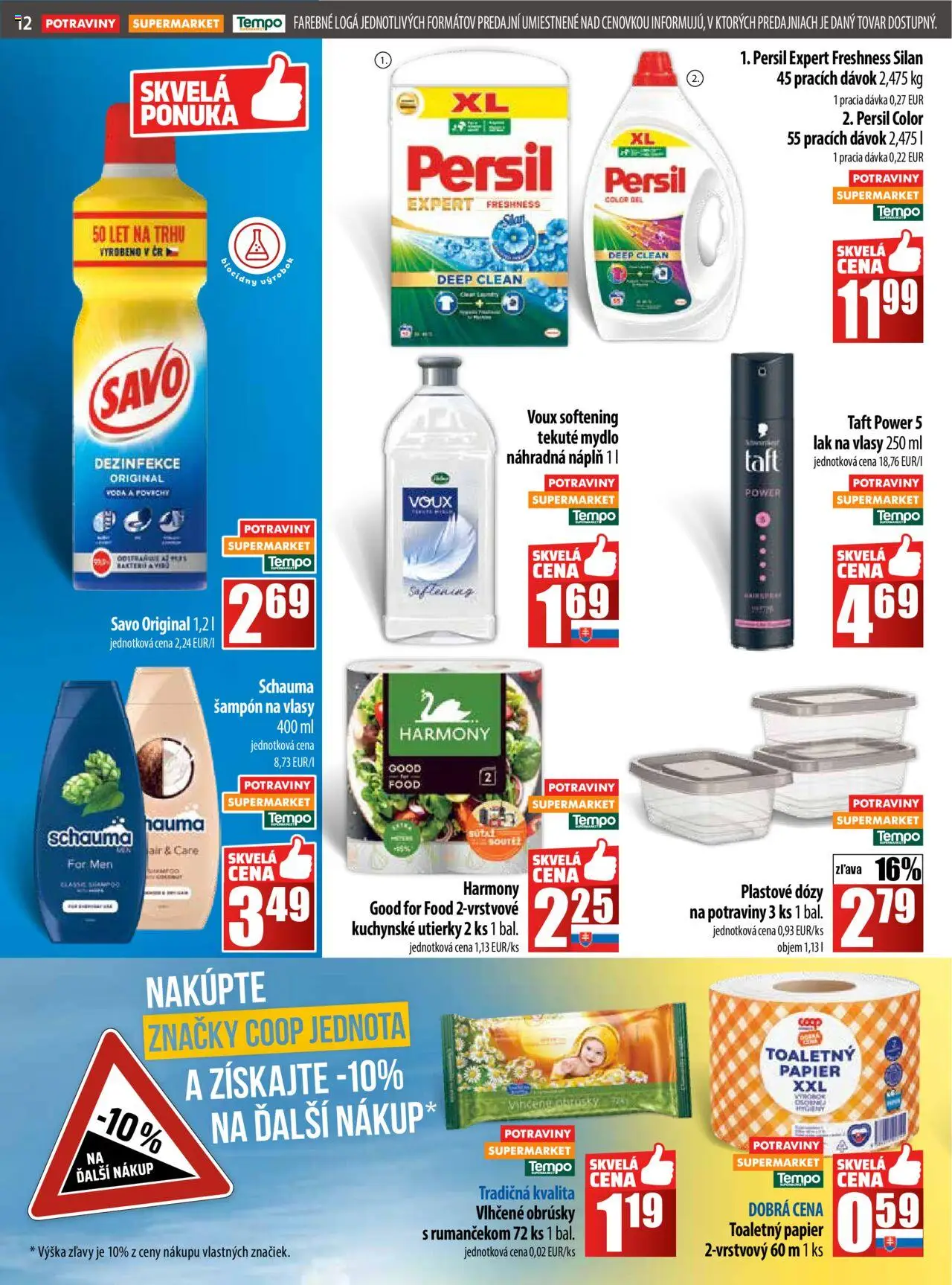 COOP Jednota leták │ platný od 07.08.2025 | Strana: 12 | Produkty: Persil, Šampón, Toaletný papier, Voda