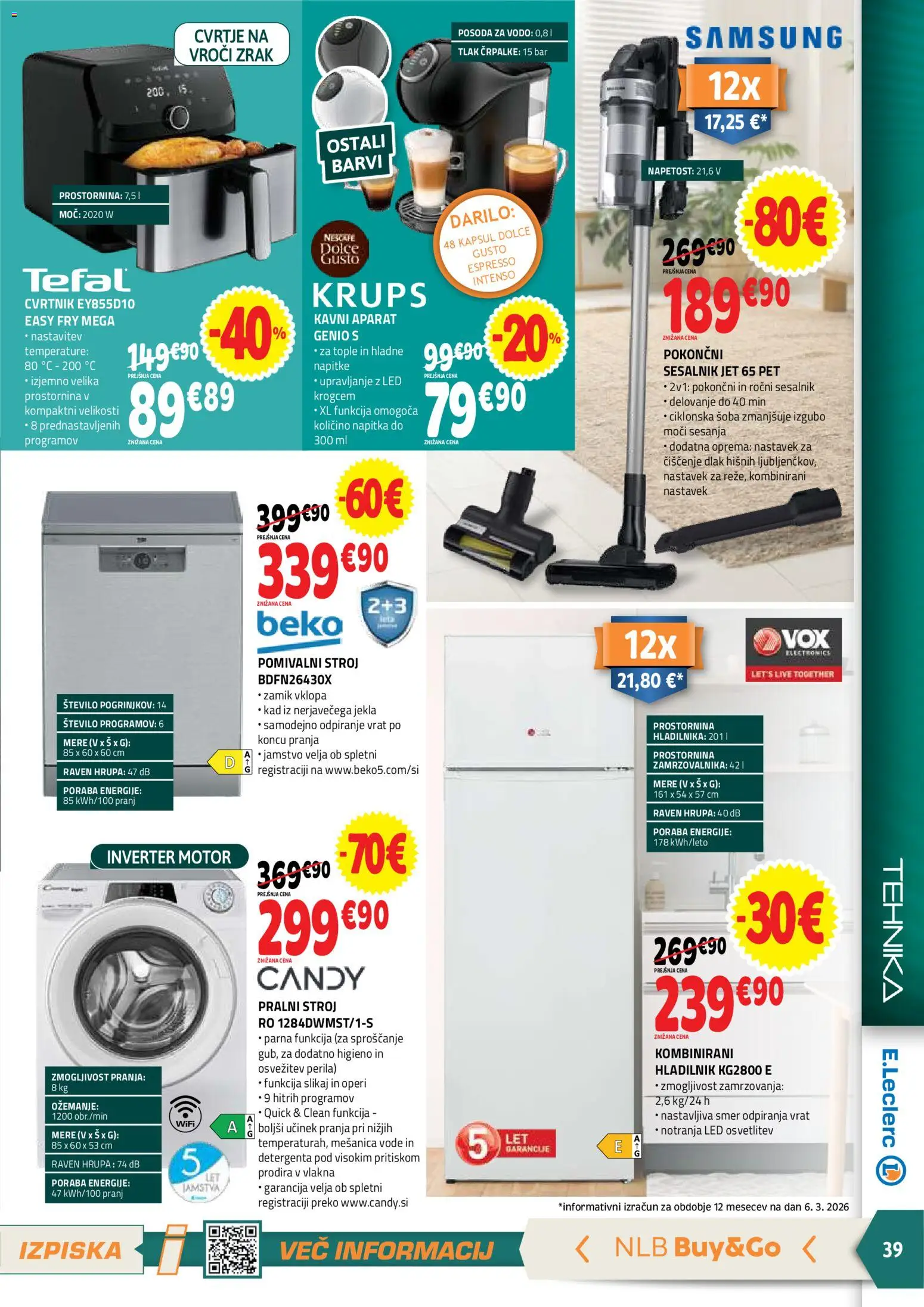 Novi E.leclerc katalog ponudbe – veljaven od 18.03.2026 | Stran: 39 | Izdelki: Hladilnik, Pralni stroj, Pomivalni stroj, Sesalnik
