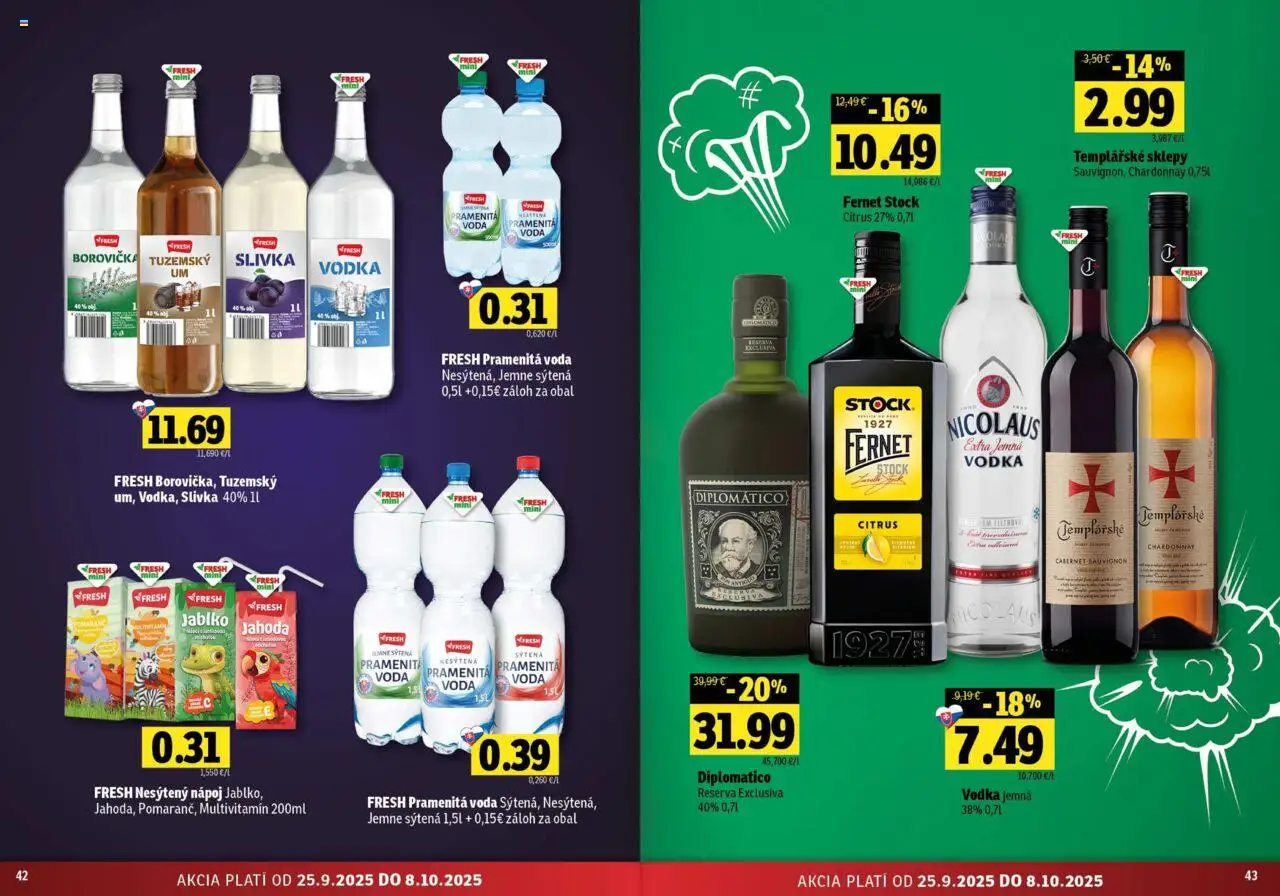 Nové Fresh akcie – leták je platný od 25.09.2025 | Strana: 22 | Produkty: Diplomatico, Borovička, Vodka, Fernet Stock