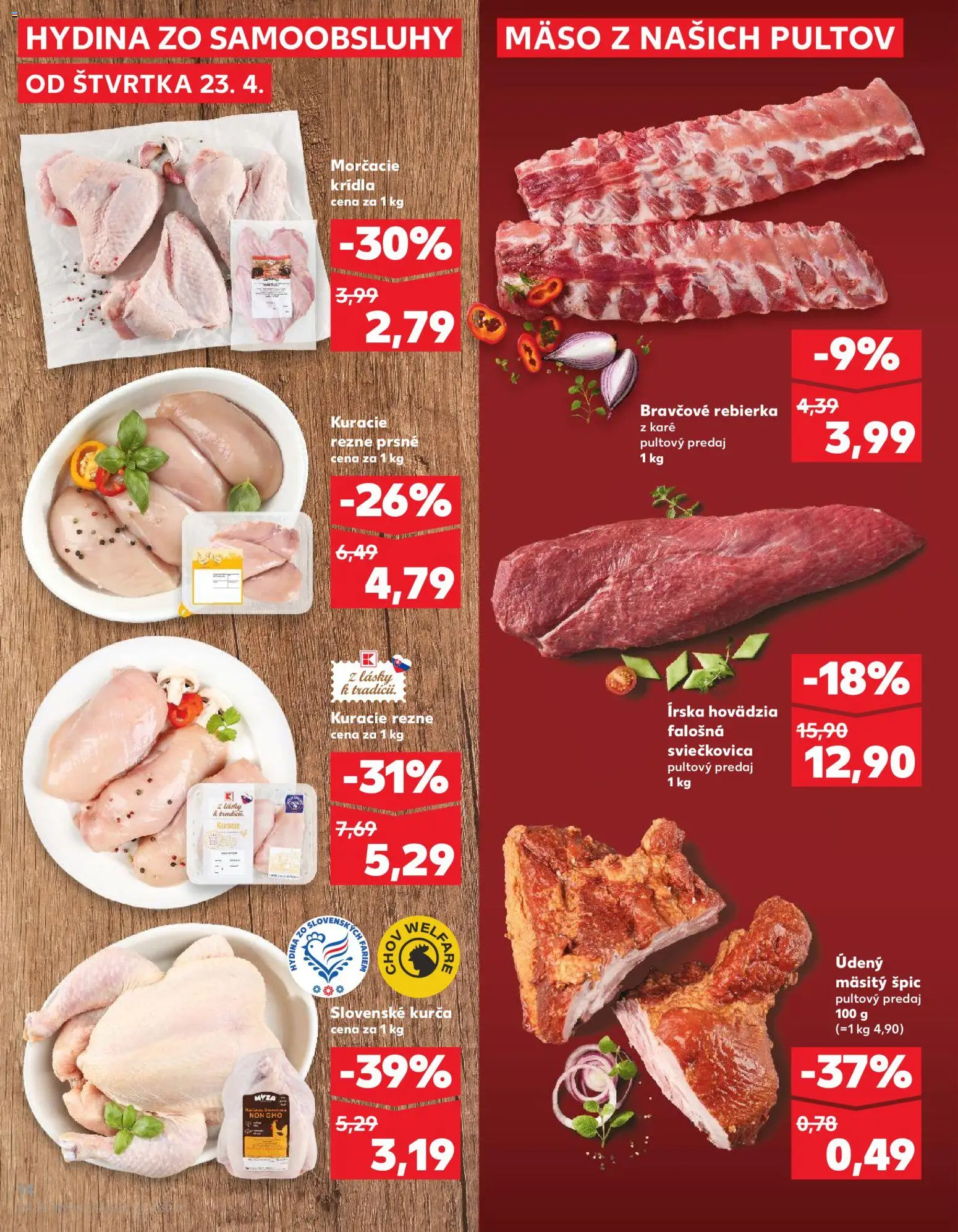Nové Kaufland akcie – leták je platný od 23.04.2026 | Strana: 14 | Produkty: Kuracie rezne, Kurča