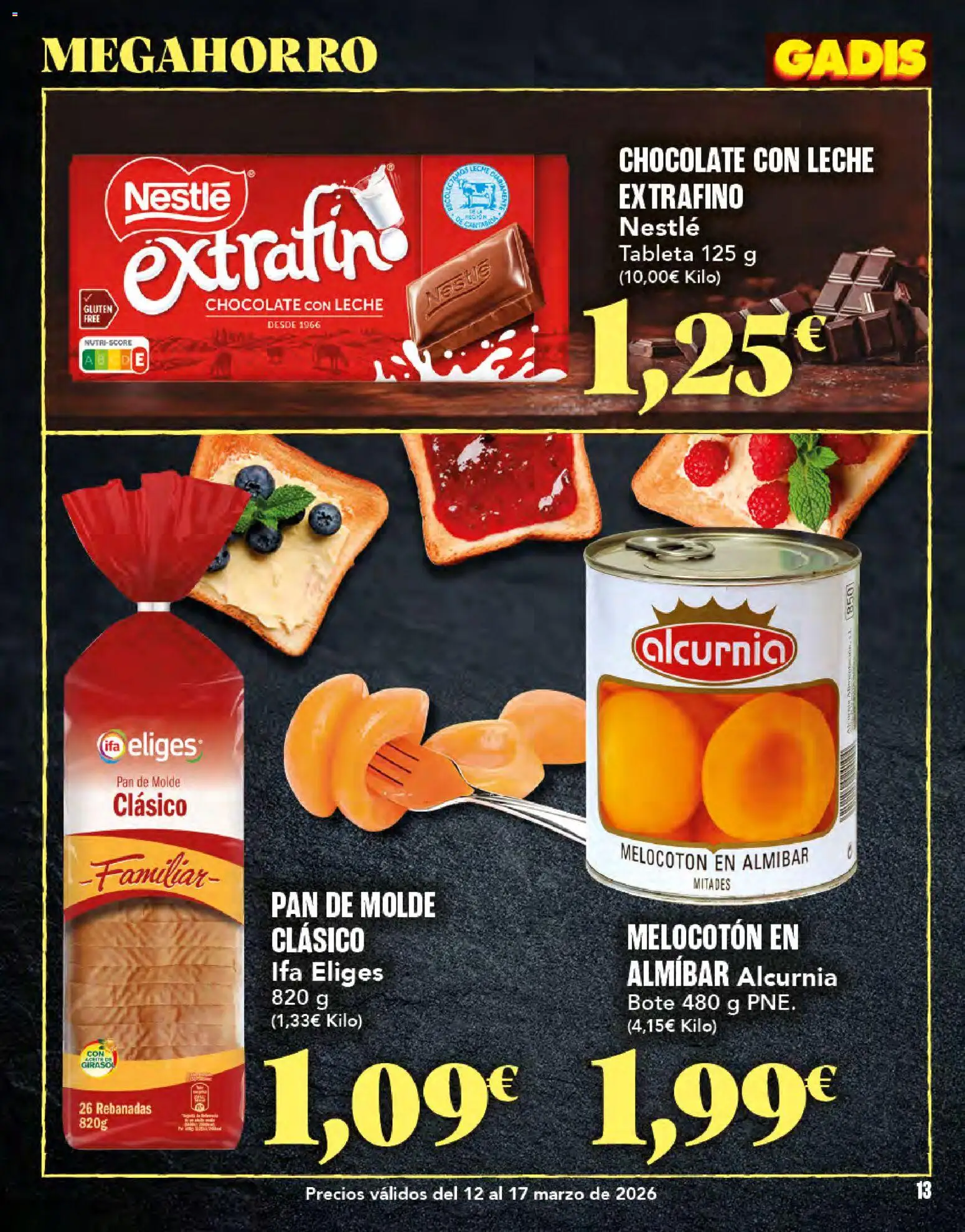 Gadis folleto │ válido desde el 12.03.2026 | Página: 13 | Productos: Leche, Tableta, Pan de molde, Chocolate con leche