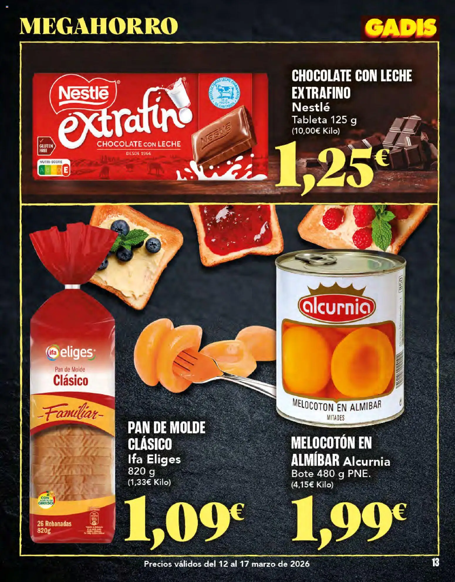 Gadis folleto │ válido desde el 12.03.2026 | Página: 13 | Productos: Leche, Pan, Pan de molde, Chocolate con leche