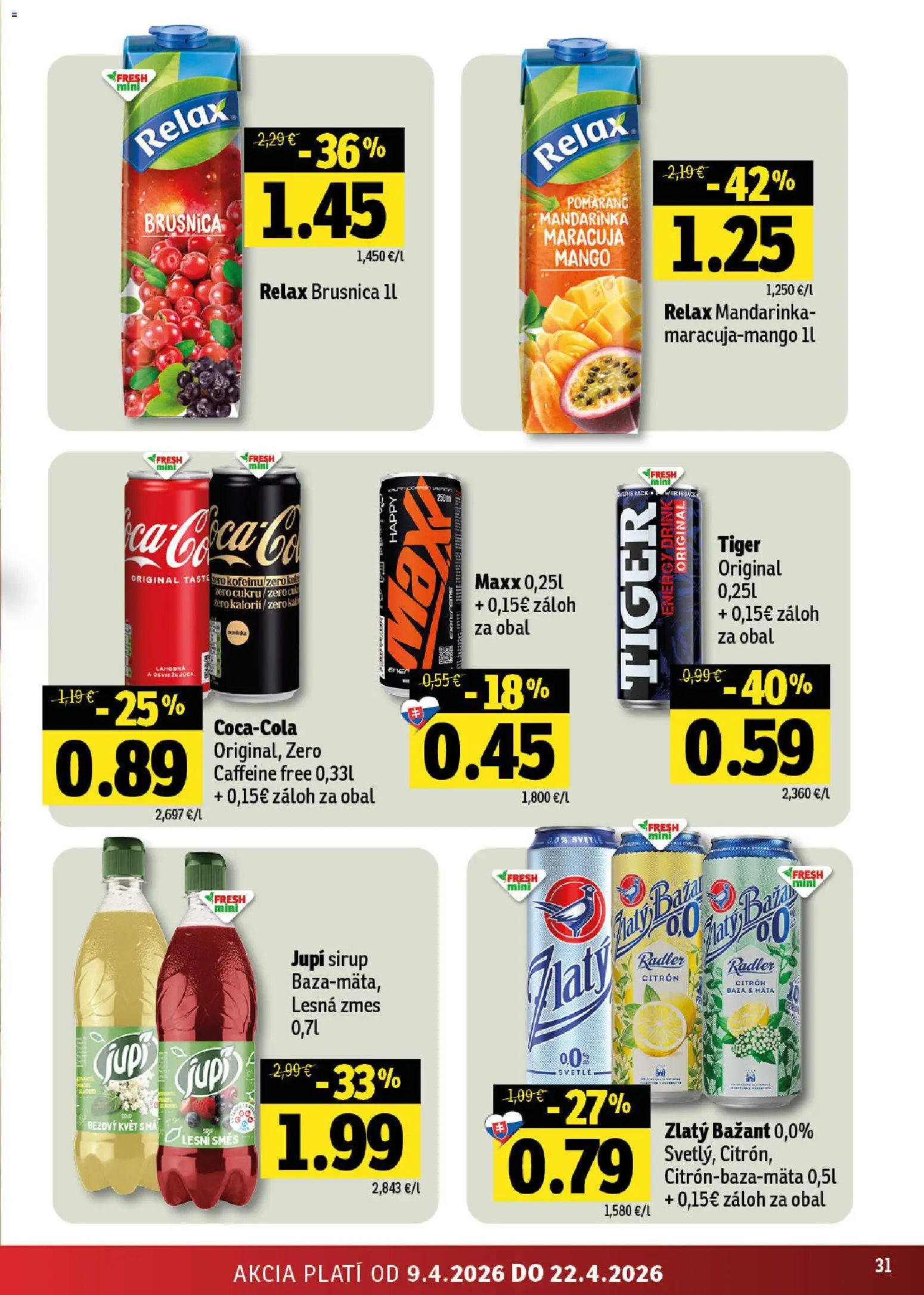 Nové Fresh akcie – leták je platný od 09.04.2026 | Strana: 31 | Produkty: Radler, Zlatý Bažant, Mango
