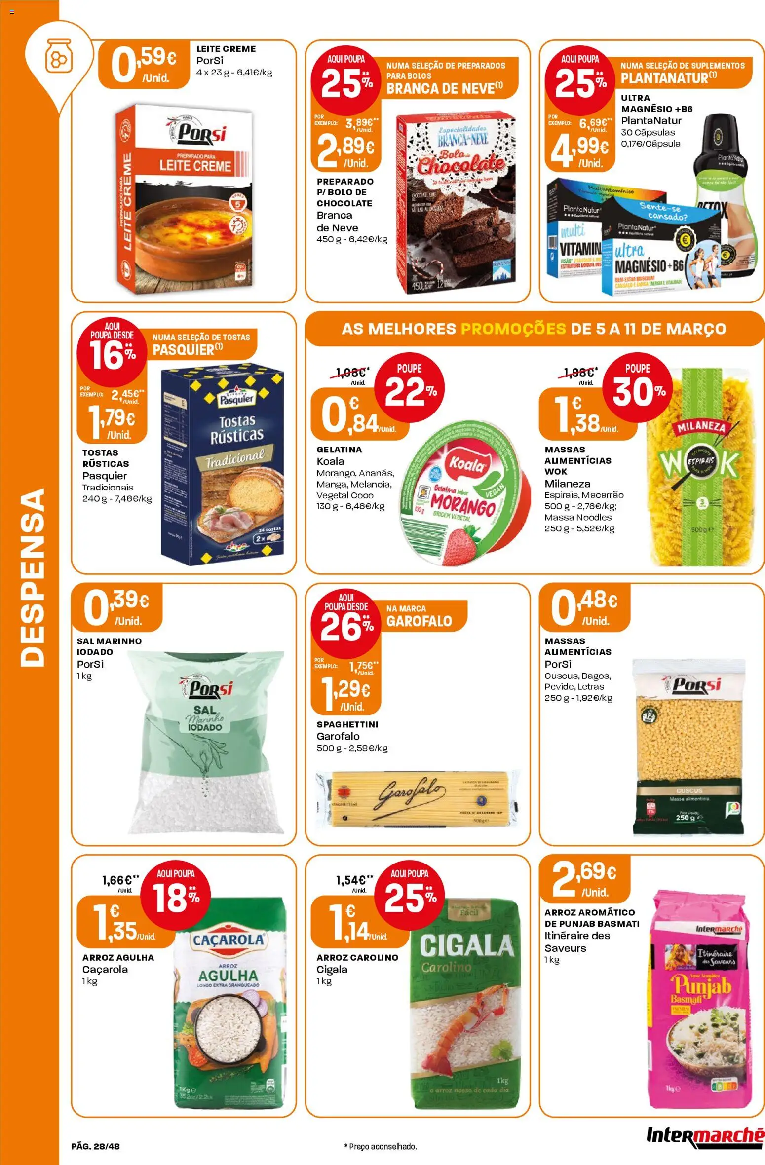 Intermarché folheto │ válido de 05.03.2026 | Página: 28 | Produtos: Sal, Leite, Macarrão, Creme