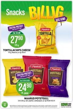 Forhåndsvisning av MAARUD POTETGULL, 240-250 g, salt, paprika, salt&pepper, pr. kg 99,60-103,75 gyldig fra 16.03.2026 | Side: 11 | Produkter: Snacks, Kiwi, Paprika, Potetgull