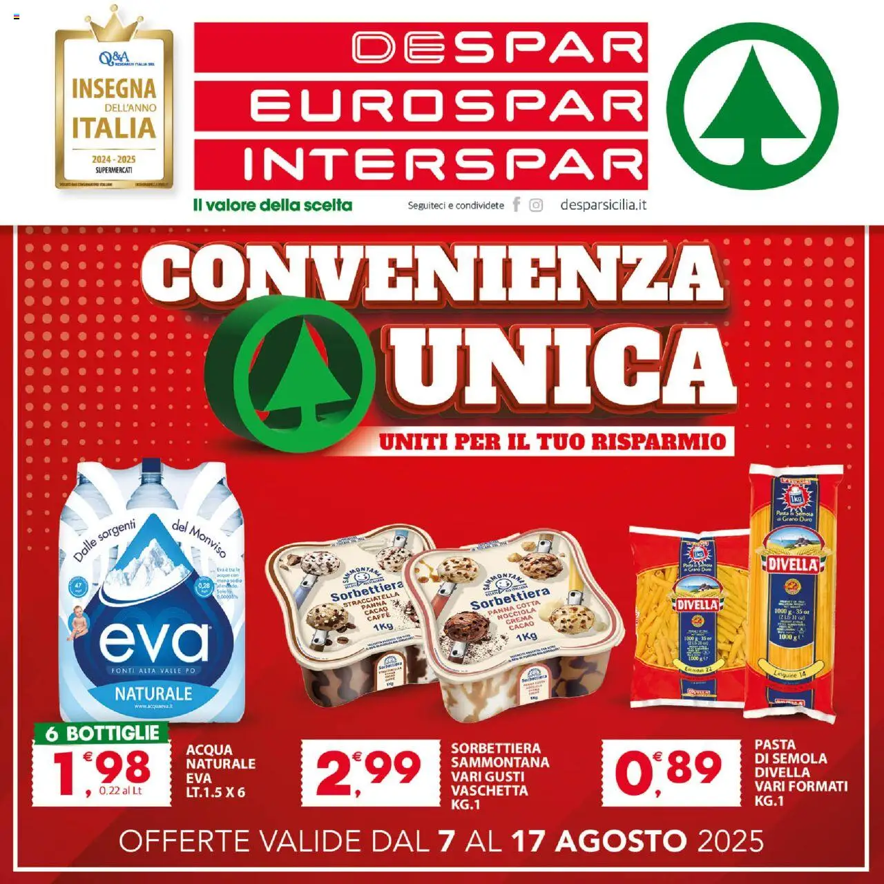 Volantino Interspar del 07.08.2025 | Pagina: 1 | Prodotti: Panna, Acqua, Pasta, Cacao