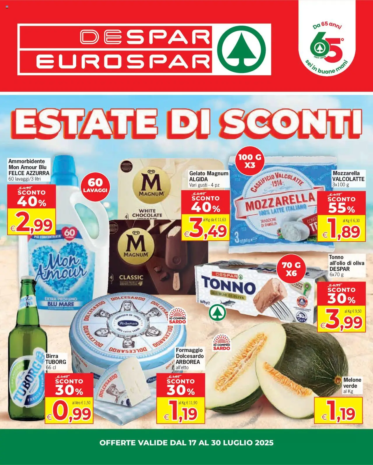 Volantino Despar del 17.07.2025 | Pagina: 1 | Prodotti: Ammorbidente, Mozzarella, Formaggio, Tonno