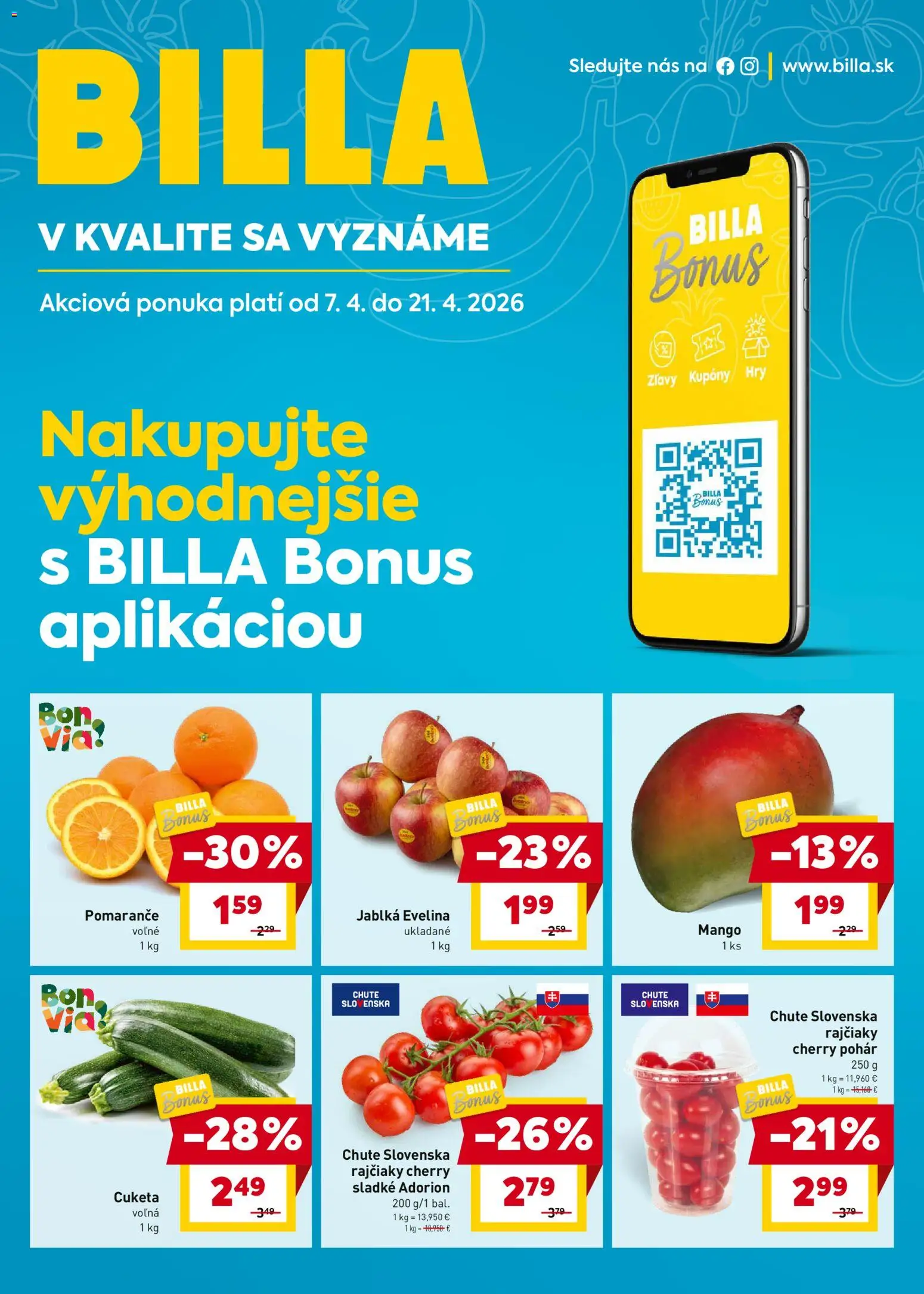 Nové Billa akcie – leták je platný od 07.04.2026 | Strana: 1 | Produkty: Jablká, Pomaranče, Mango, Cuketa