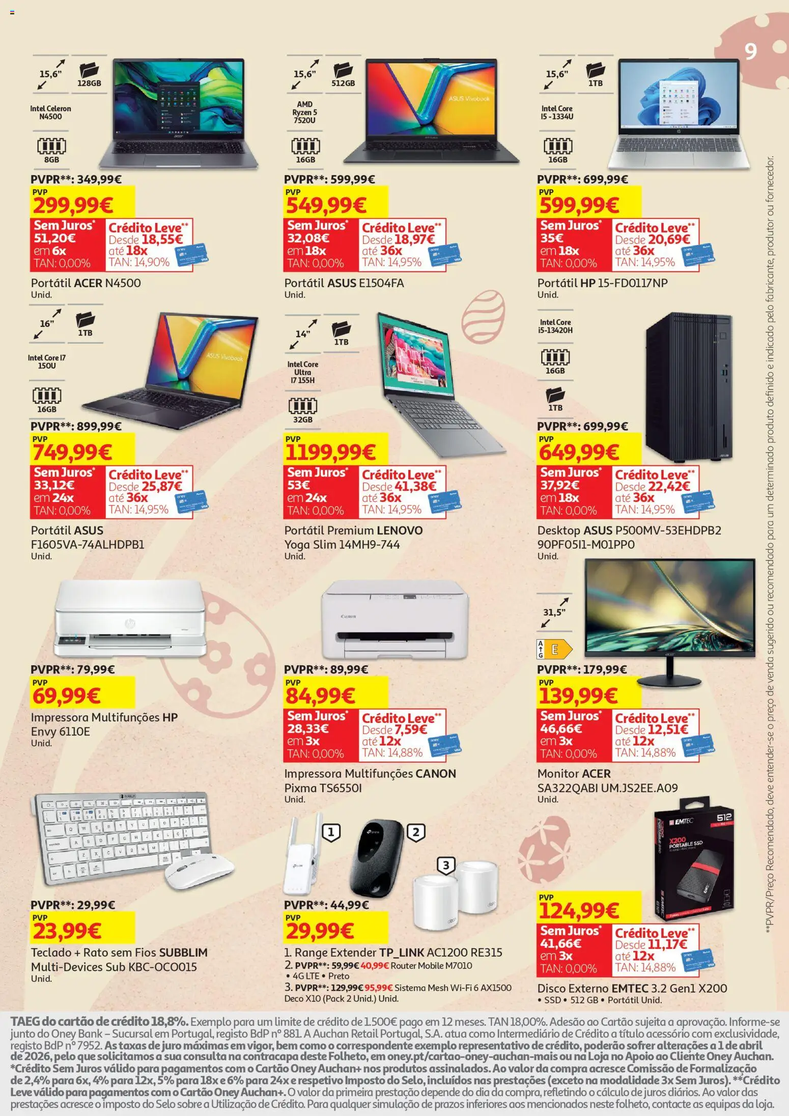 Auchan - Tecno Páscoa │ válido de 13.03.2026 | Página: 9 | Produtos: Monitor, Impressora, Teclado