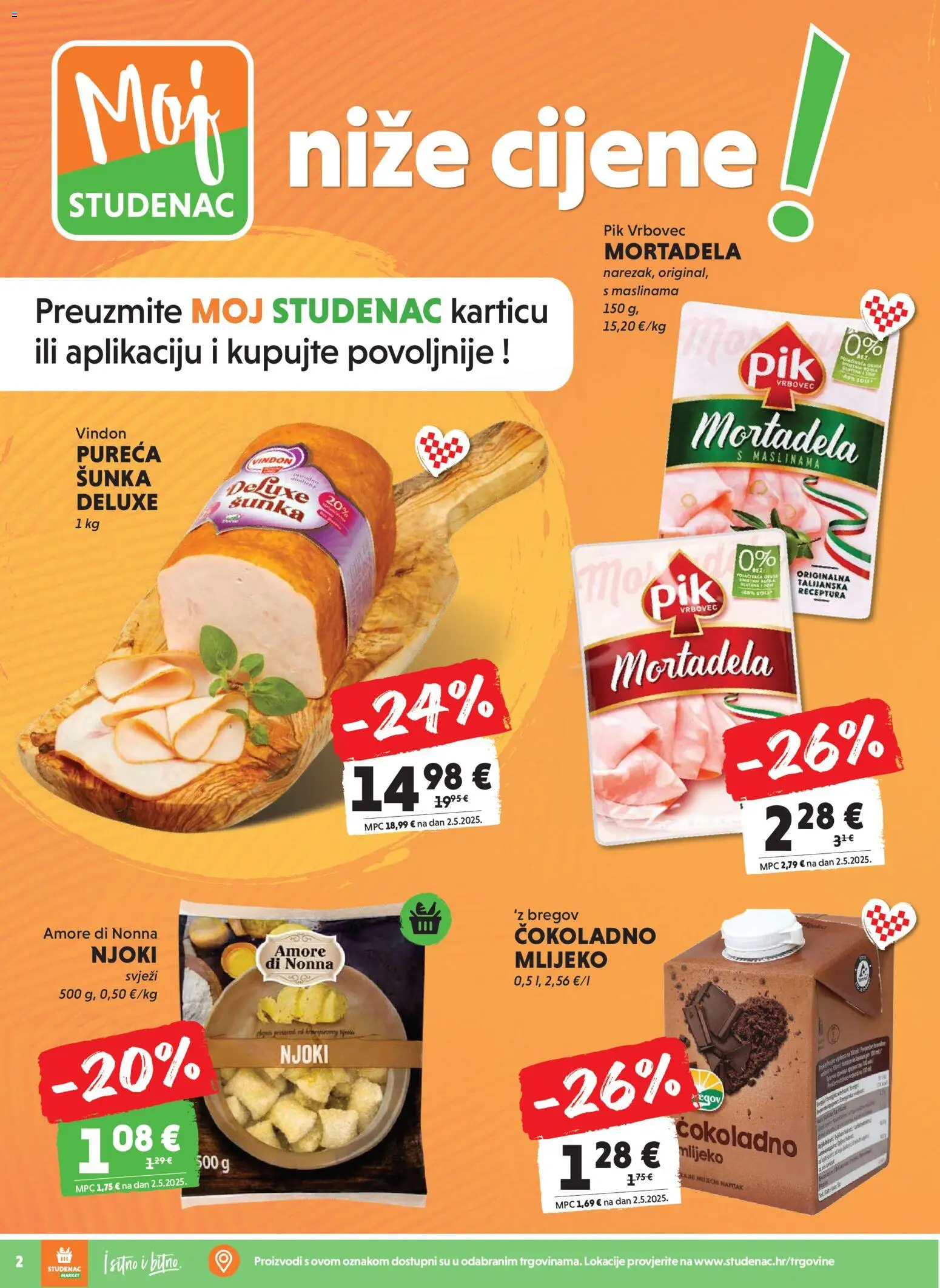 Studenac katalog | vrijedi od 18.03.2026 | Stranica: 2 | Proizvodi: Mlijeko, Šunka, Mortadela, Njoki