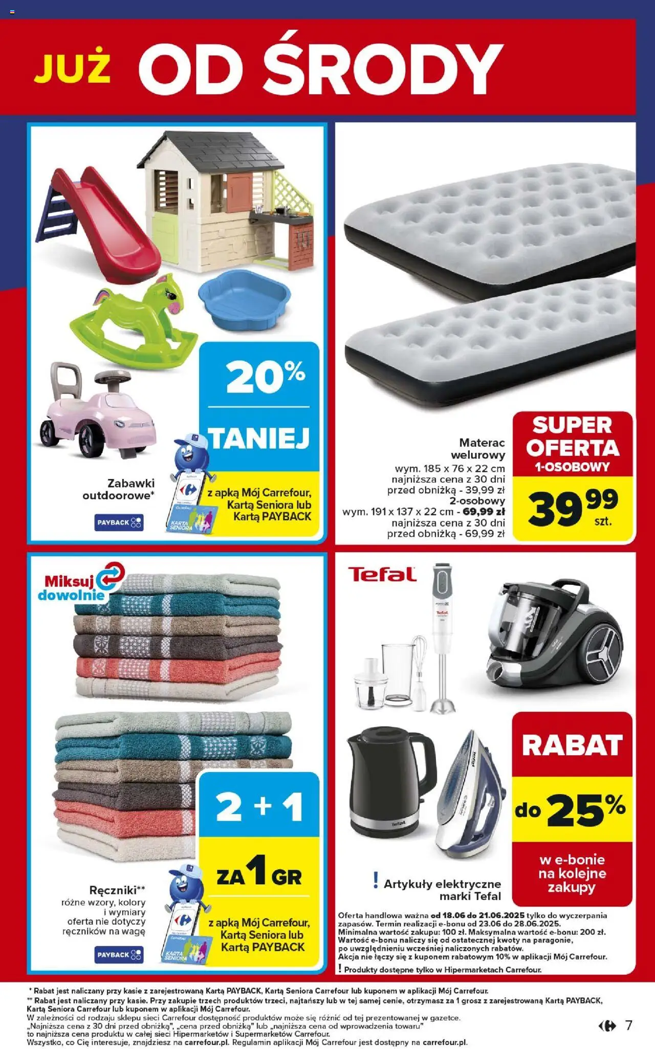 Carrefour Gazetka - Weekend promek już od środy od 18.06.2025 | Strona: 7 | Produkty: Karta, Materac, Tefal