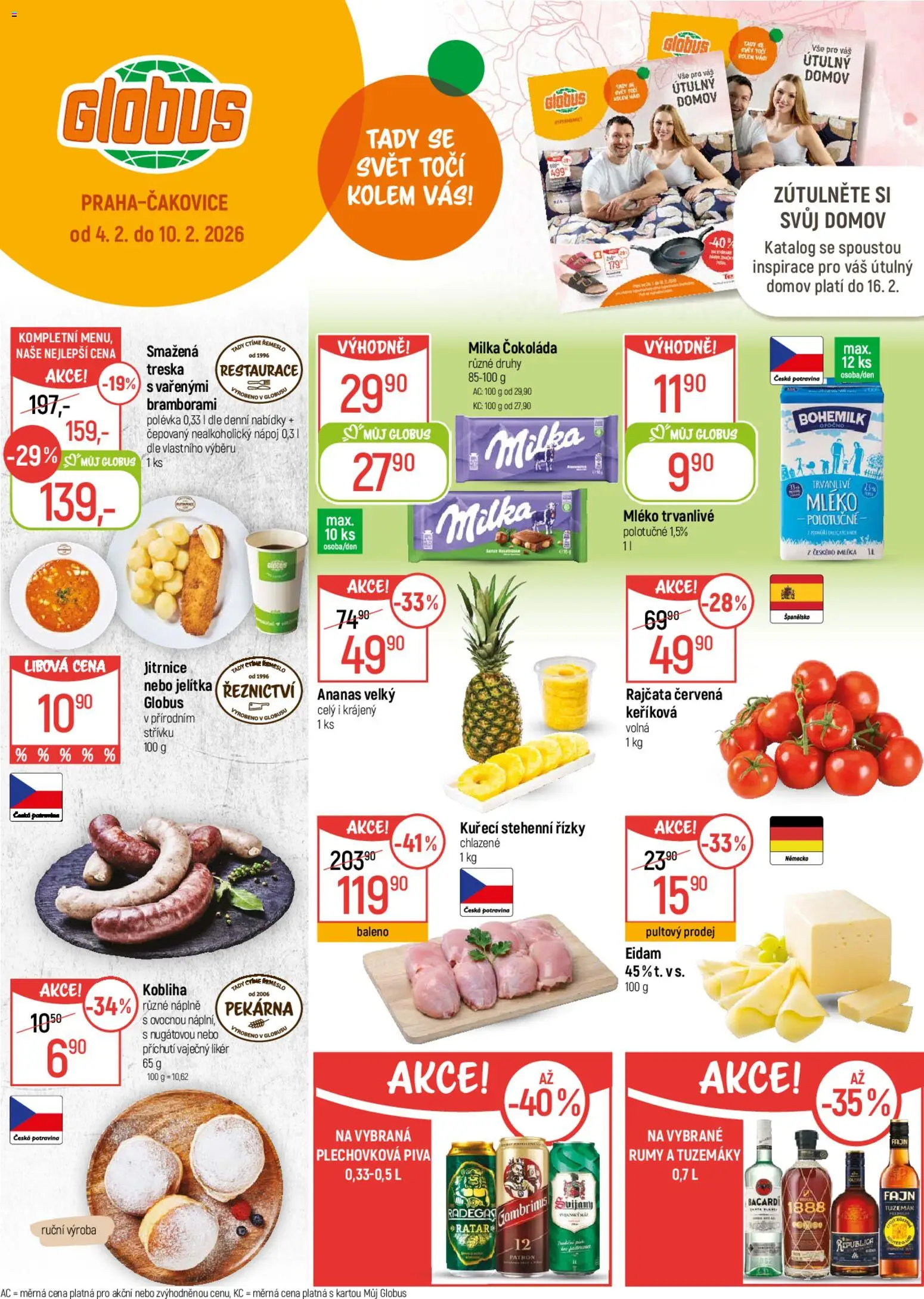 Globus leták od 04.02.2026 | Strana: 1 | Produkty: Mléko, Čokoláda, Treska, Stehenní řízky