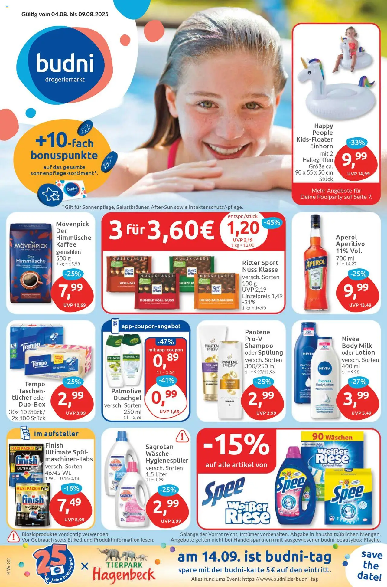 Budni Prospekt 	 - gültig ab dem 04.08.2025 | Seite: 1 | Produkte: Kaffee, Shampoo, Body Milk, Aperol