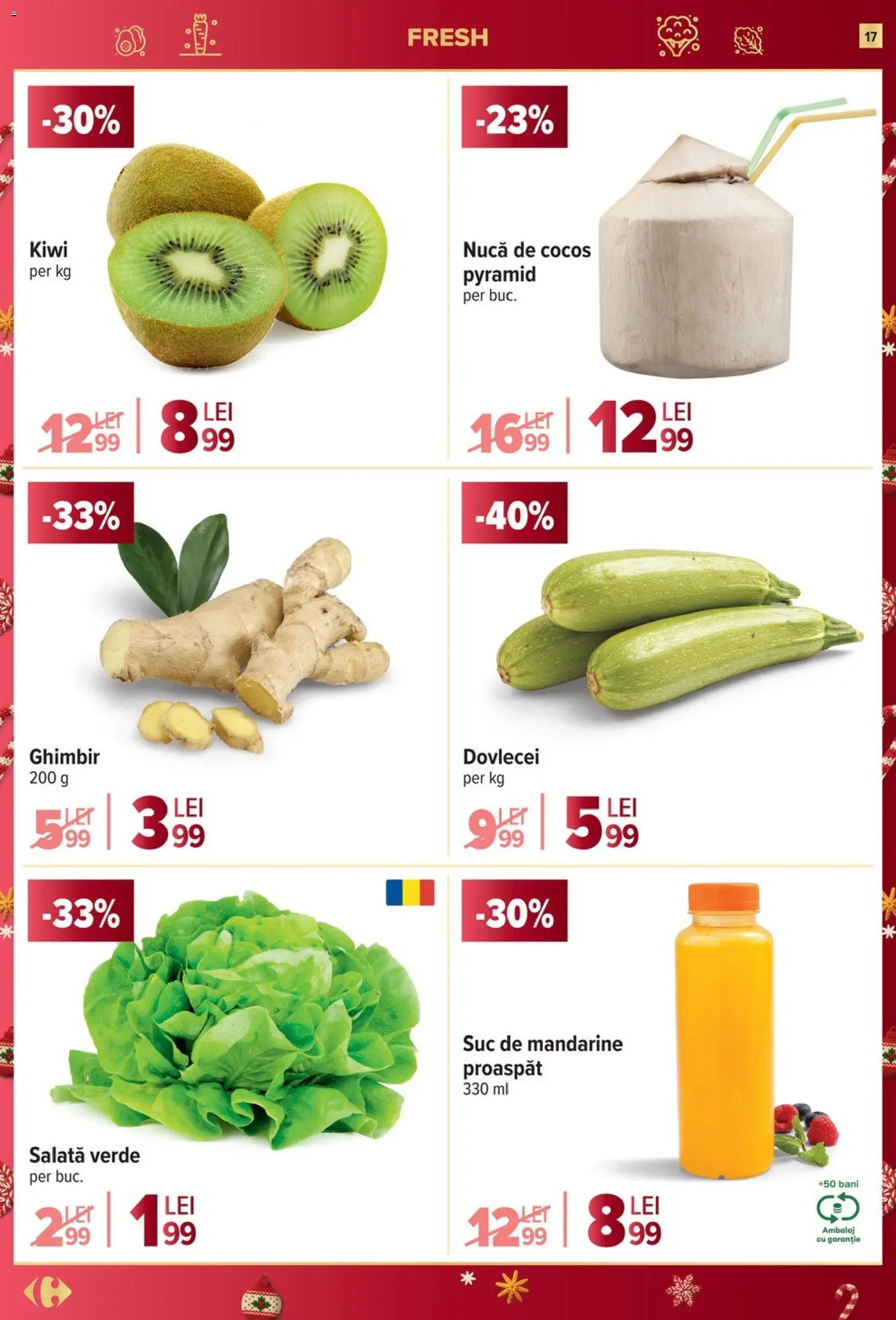 Noul catalog Carrefour – valabil de la 26.11.2025 | Pagină: 17 | Produse: Suc, Kiwi, Mandarine, Salată
