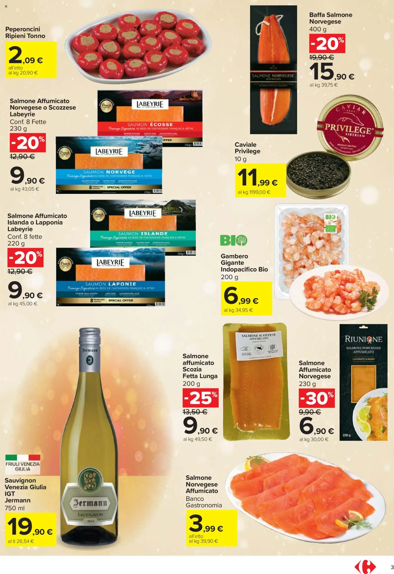 Volantino Carrefour del 27.11.2025 | Pagina: 3 | Prodotti: Salmone affumicato, Salmone, Tonno