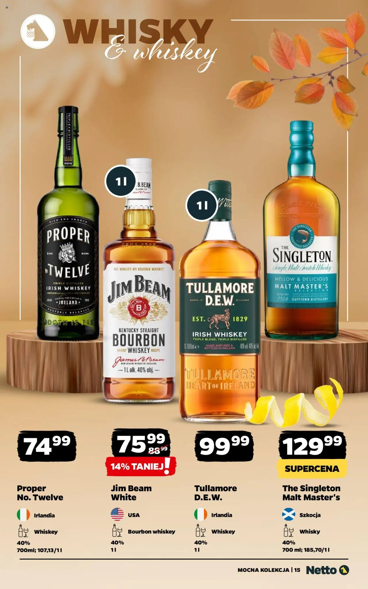 Netto gazetka - Alkohole mocne od 29.09.2025 | Strona: 15 | Produkty: Bourbon, Jim Beam, Whisky, Whisky Proper Twelve