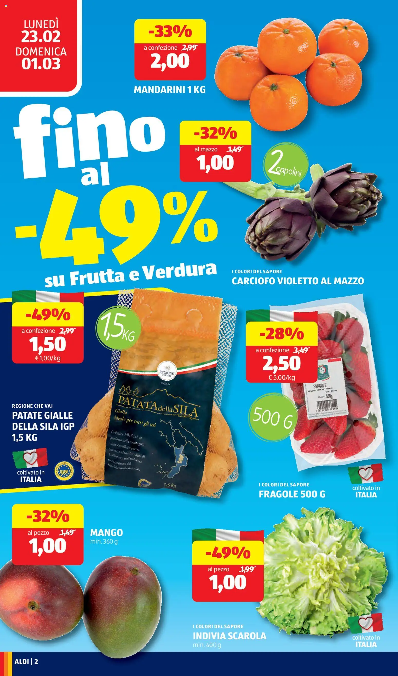 Volantino Aldi del 23.02.2026 | Pagina: 2 | Prodotti: Fragole, Mandarini, Patate, Mango