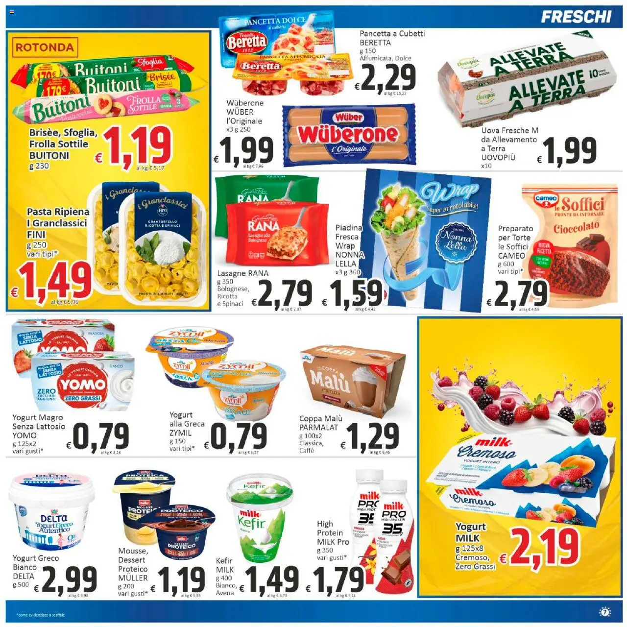 Volantino Paghi Poco del 10.10.2025 | Pagina: 7 | Prodotti: Yogurt, Uova, Pancetta, Pasta
