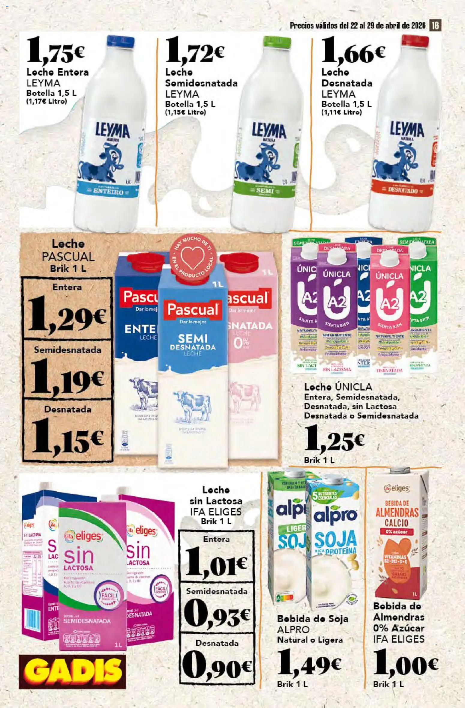 Gadis folleto │ válido desde el 22.04.2026 | Página: 16 | Productos: Leche entera, Leche, Bebida de almendras, Bebida de soja