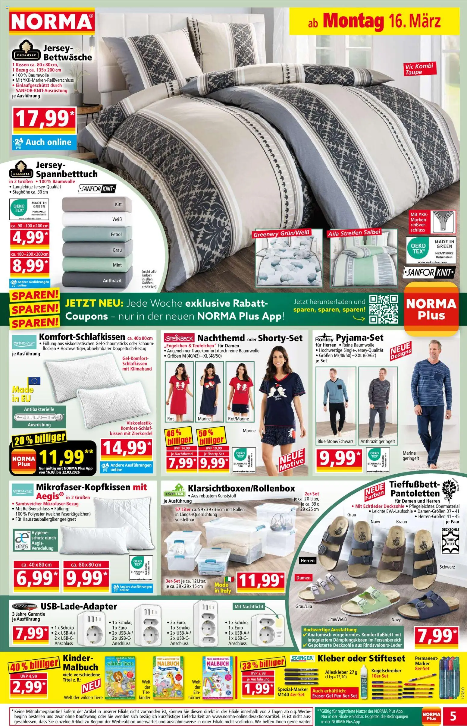 Norma Prospekt 	 – gültig ab 16.03.2026 | Seite: 5 | Produkte: Kissen, Bettwäsche, Nachtlicht, Flocken