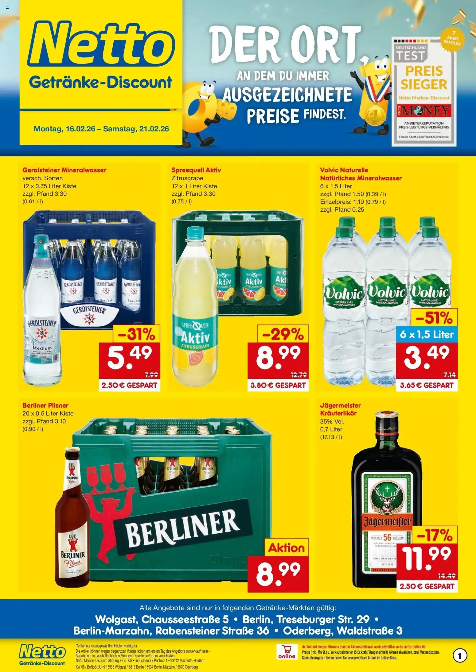 Netto Marken-Discount prospekt Wolgast	 – gültig ab 16.02.2026 | Seite: 1 | Produkte: Berliner, Mineralwasser, Wasser, Jägermeister