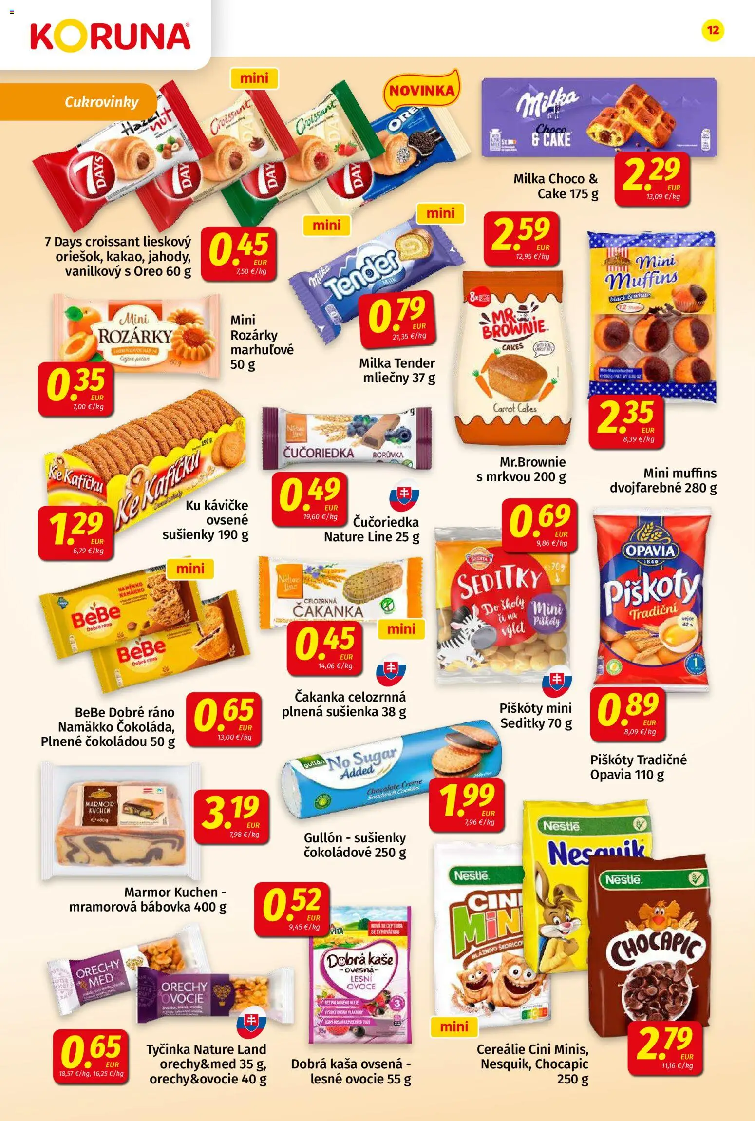 Nové Koruna akcie – leták je platný od 10.04.2026 | Strana: 12 | Produkty: BeBe Dobré ráno, Cereálie, Orechy, Milka