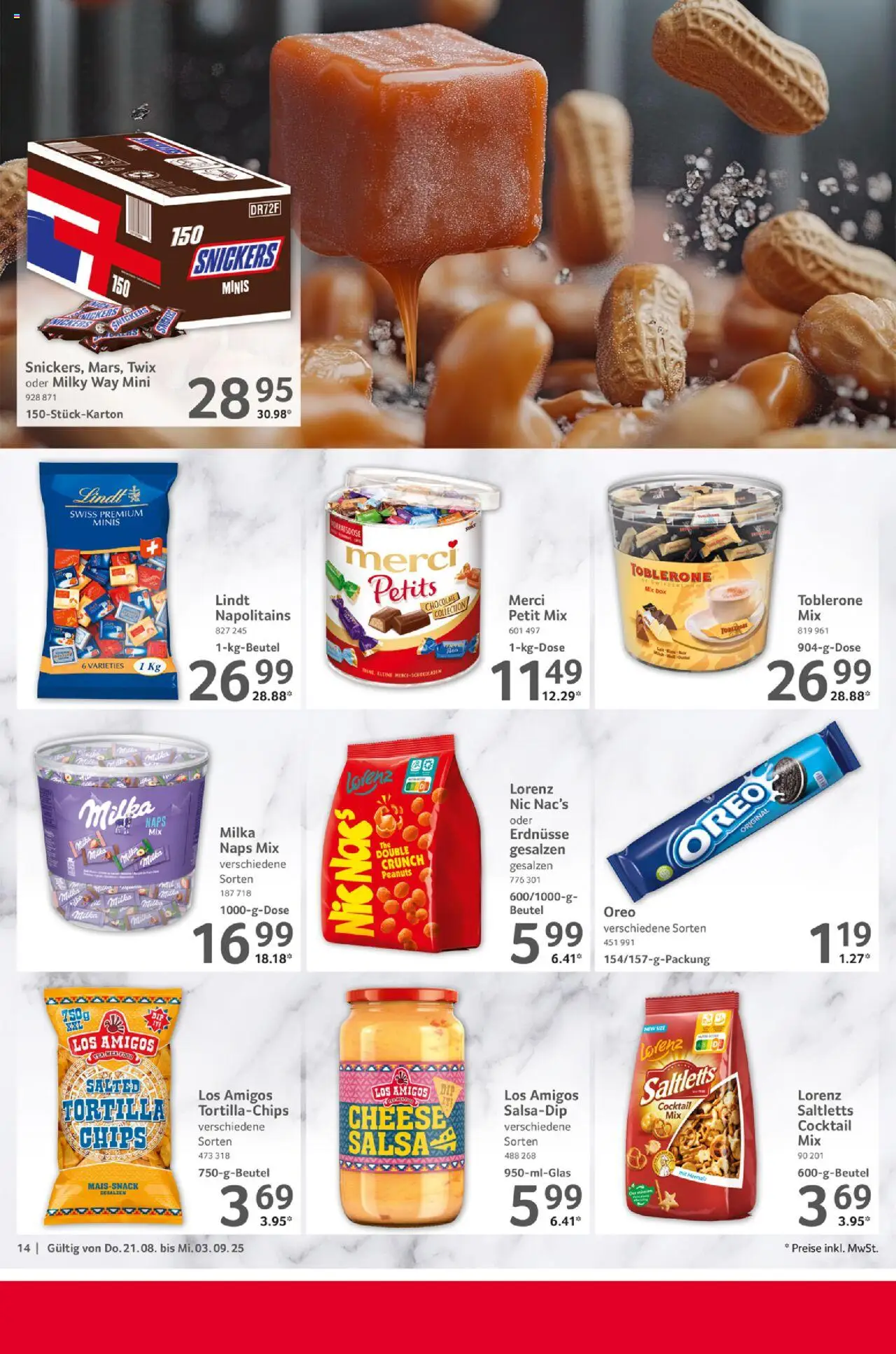 Selgros Gastronomie - gültig ab dem 21.08.2025 | Seite: 14 | Produkte: Merci, Milka, Lindt, Chips