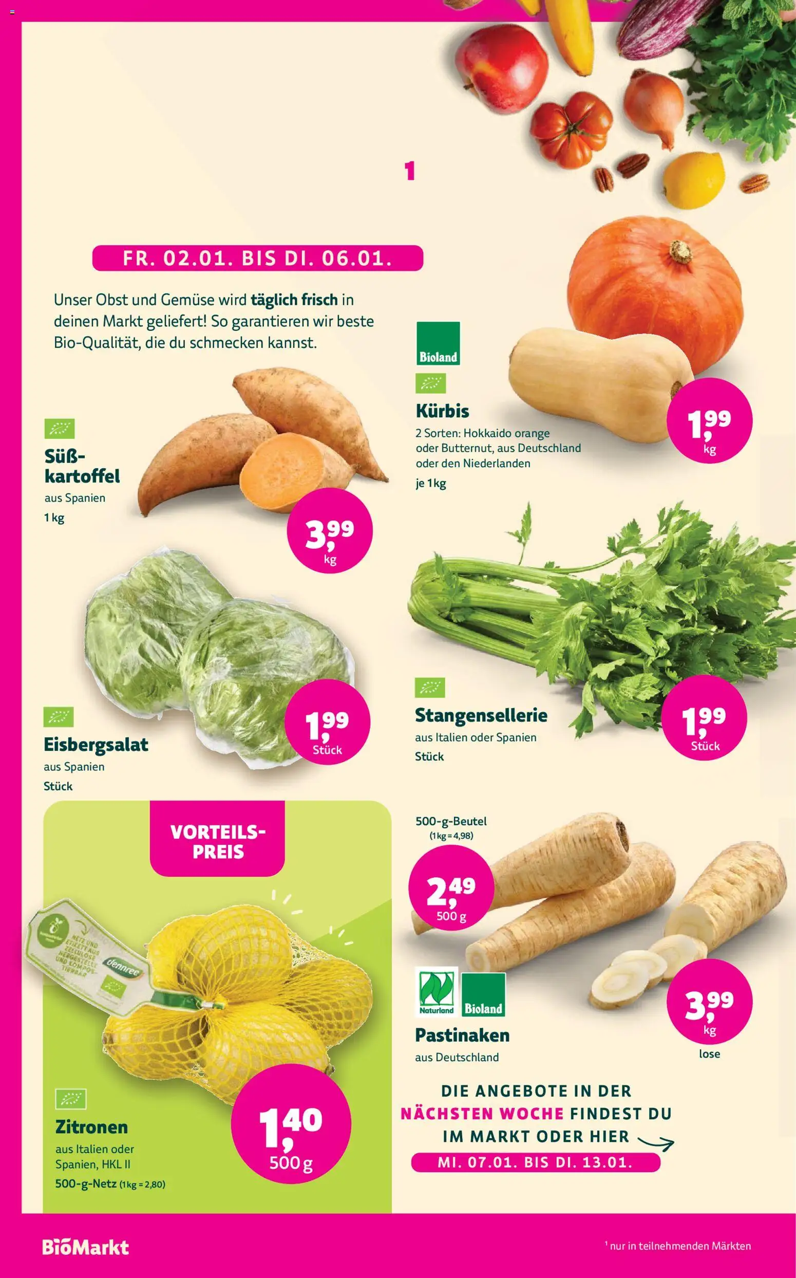 BioMarkt Prospekt – gültig ab 02.01.2026 | Seite: 4 | Produkte: Eisbergsalat, Obst, Kürbis, Zitronen