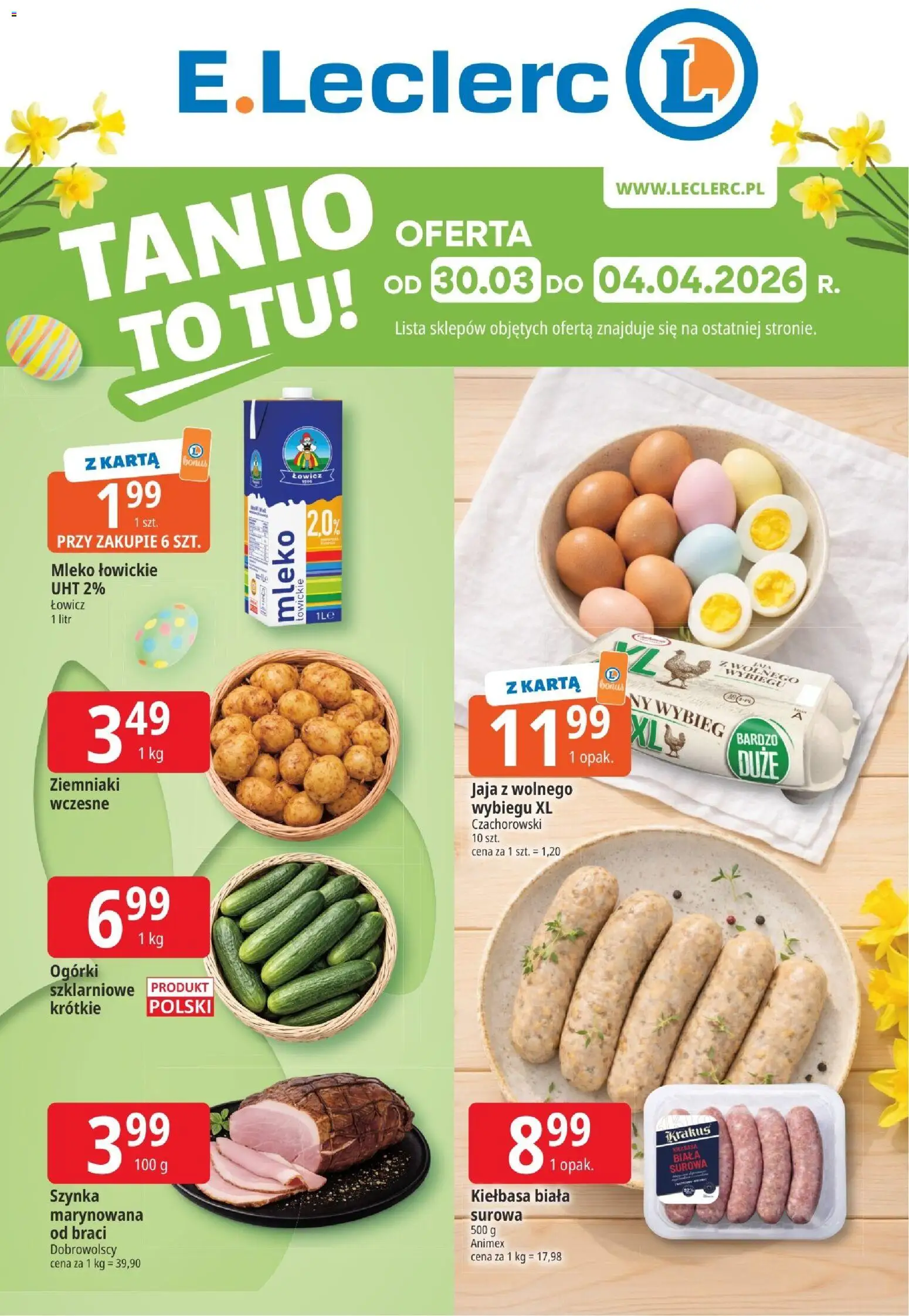E.Leclerc gazetka - Elbląg od 30.03.2026 | Strona: 1 | Produkty: Kiełbasa, Karta, Ziemniaki, Jaja