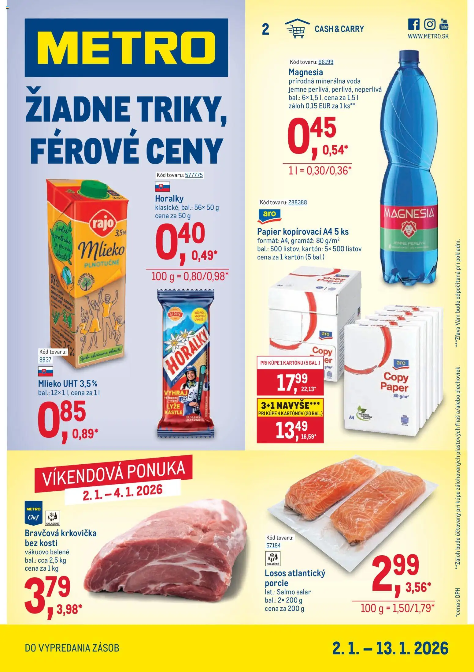 Nové Metro akcie – leták je platný od 02.01.2026 | Strana: 1 | Produkty: Lyže, Losos, Voda, Minerálna voda