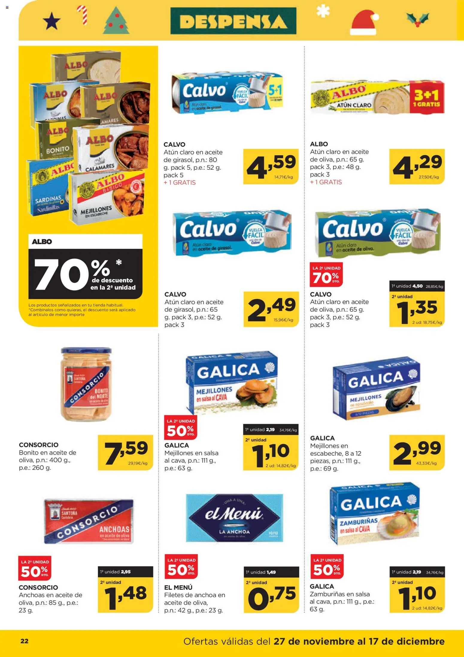 Alimerka folleto Asturias │ válido desde el 27.11.2025 | Página: 22 | Productos: Calamares, Aceite de oliva, Anchoa, Atún claro