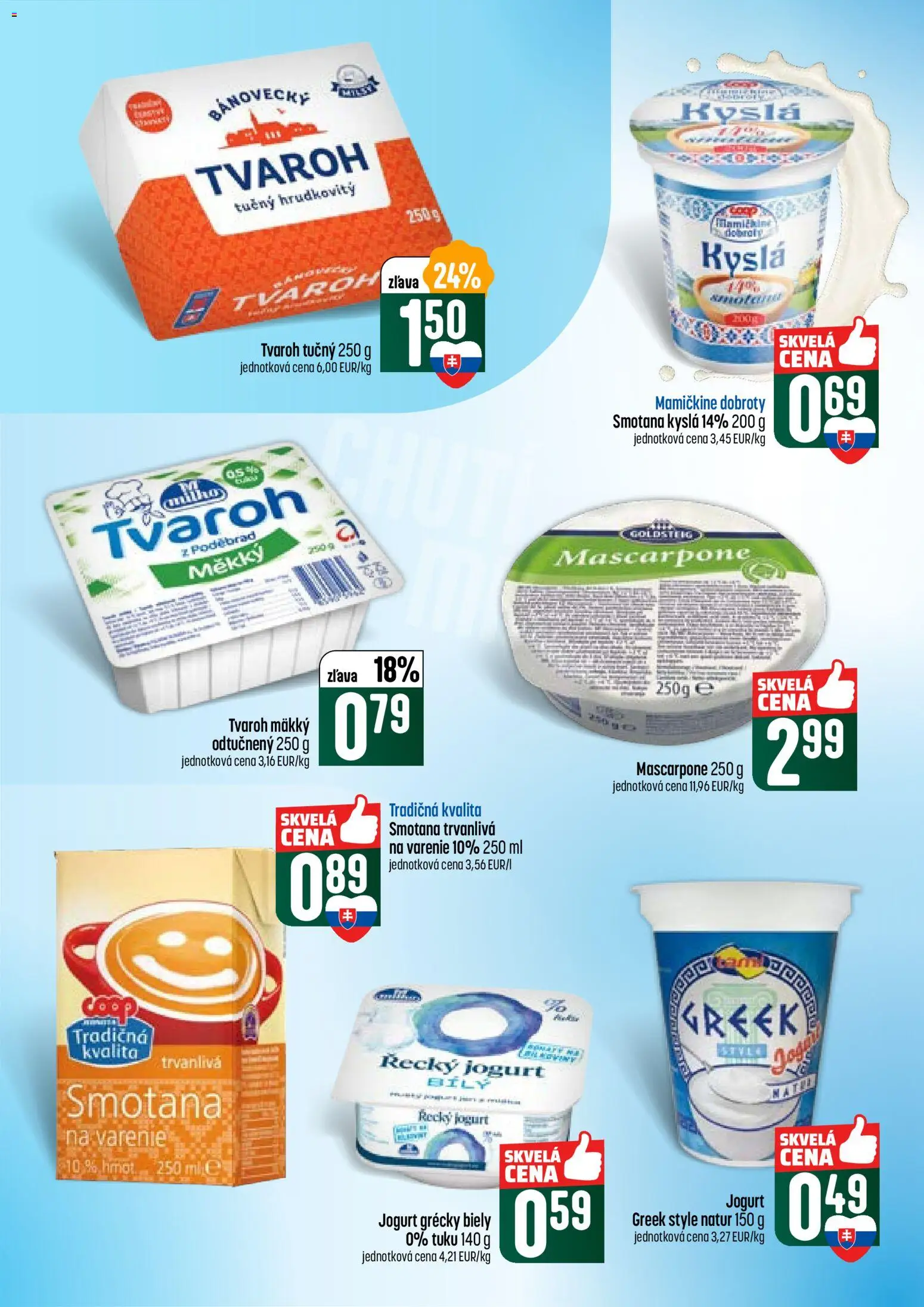 Nové COOP Jednota akcie – leták je platný od 15.01.2026 | Strana: 24 | Produkty: Smotana, Biely jogurt, Tvaroh, Mascarpone