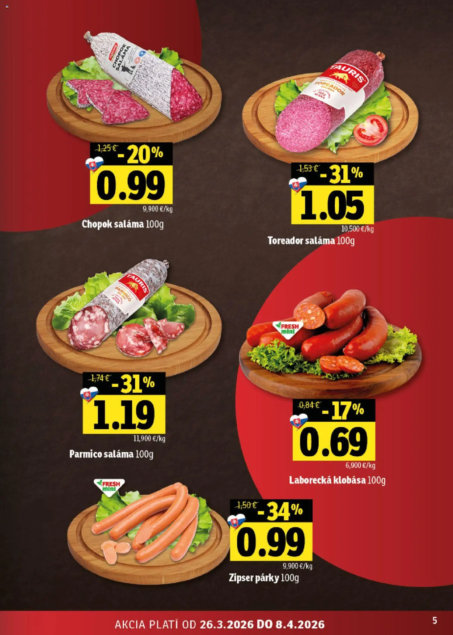Nové Fresh akcie – leták je platný od 26.03.2026 | Strana: 5 | Produkty: Saláma, Klobása, Párky