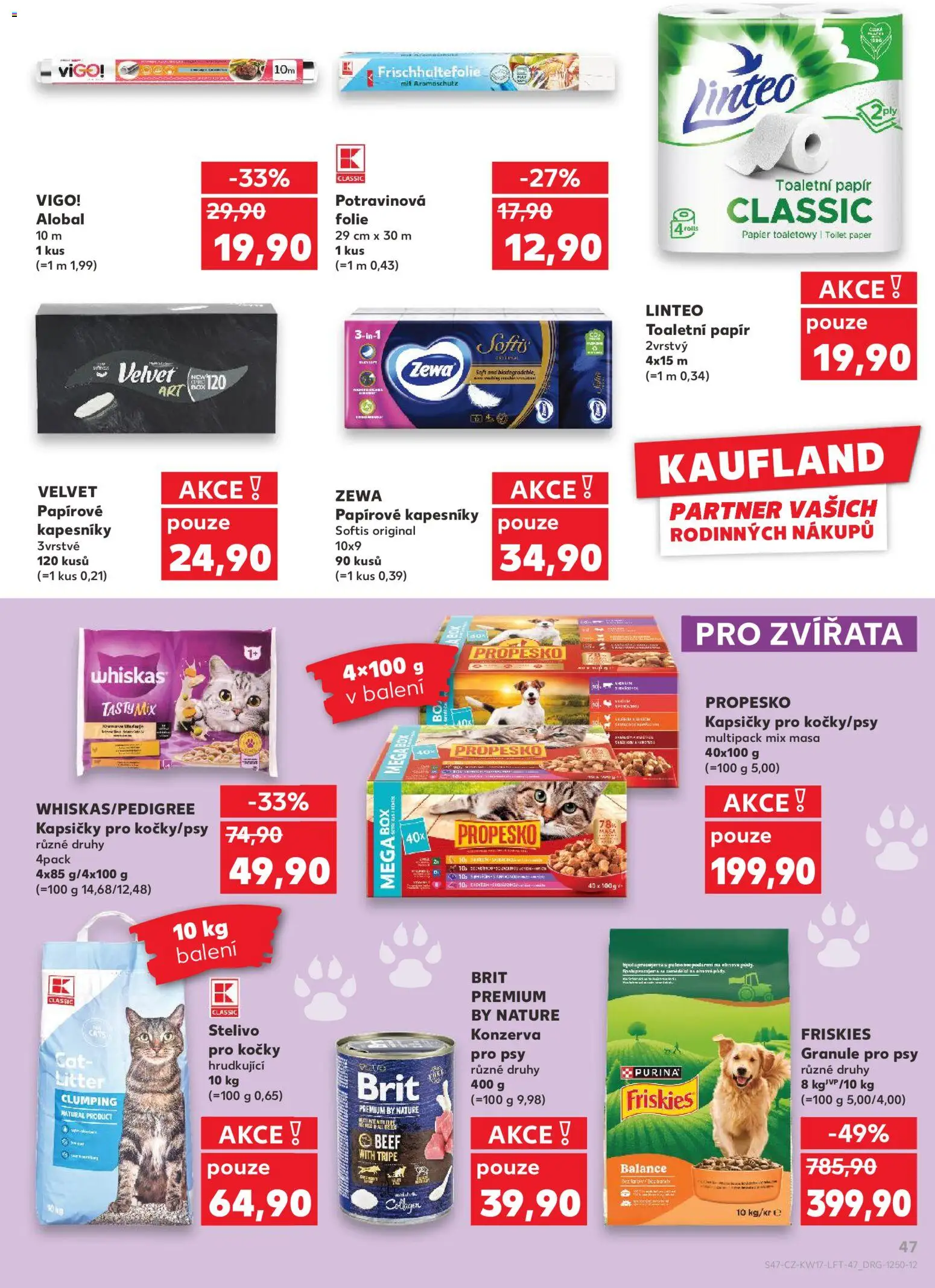 Kaufland leták od 22.04.2026 | Strana: 47 | Produkty: Granule pro psy Friskies, Stelivo pro kočky, Propesko, Velvet
