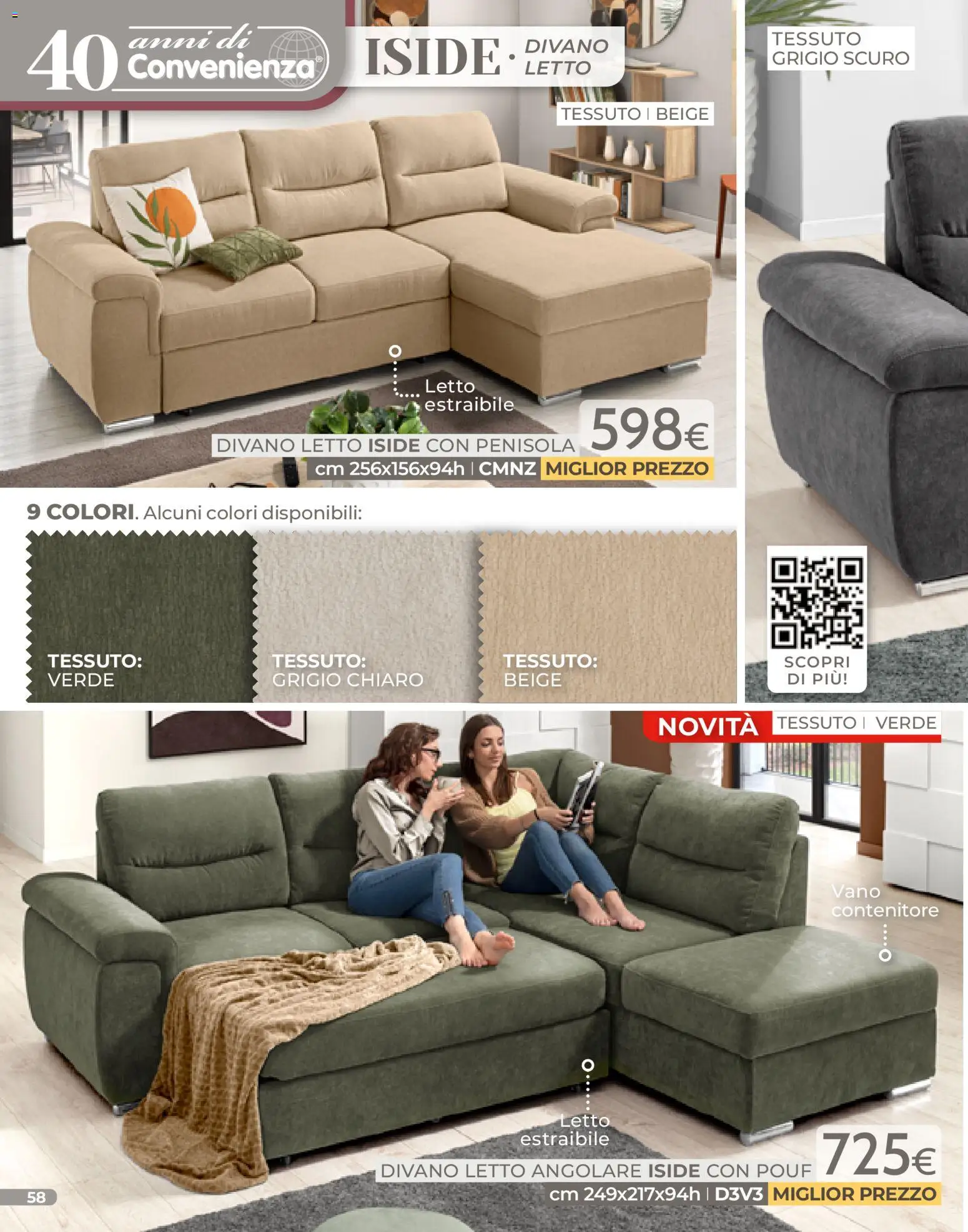 Volantino Mondo Convenienza del 04.01.2026 | Pagina: 58 | Prodotti: Divano letto, Contenitore, Letto, Divano