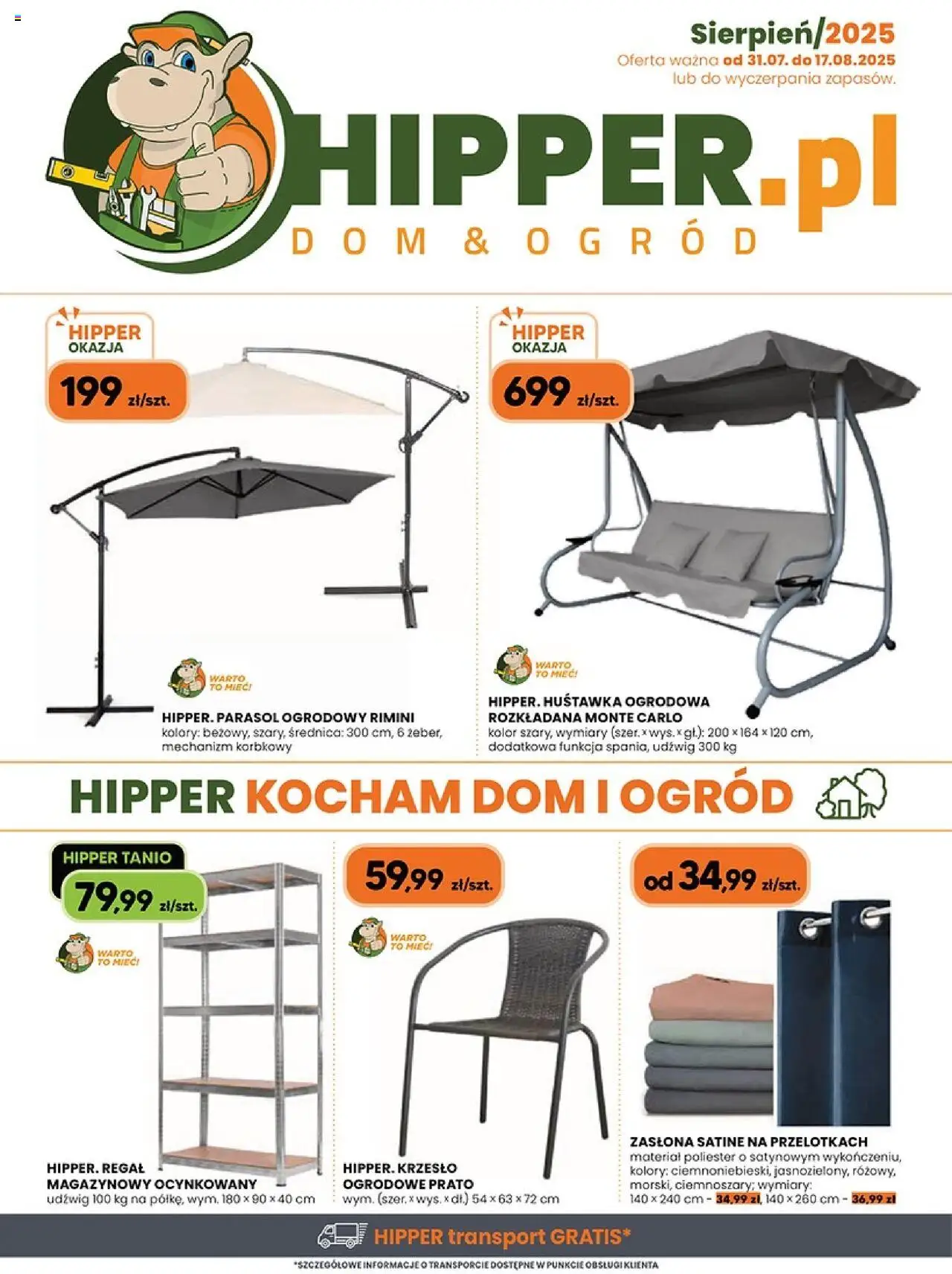 Hipper Gazetka od 31.07.2025 | Strona: 1 | Produkty: Parasol, Krzesło, Regał