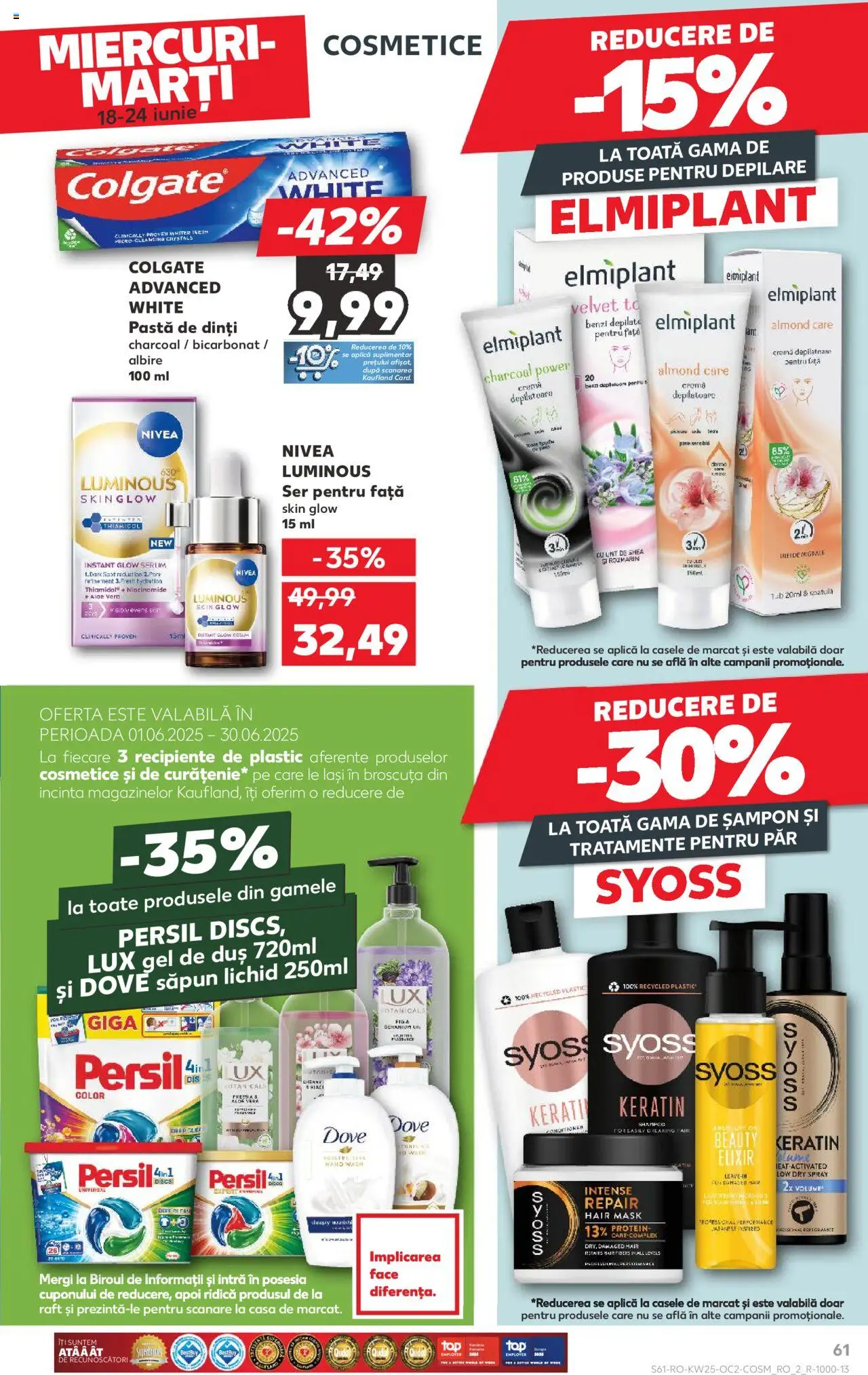 Kaufland RO akciós ujság - amely érvényes a következő dátumtól: 18.06.2025 | Oldal: 61 | Termékek: Persil, Protein, Sampon