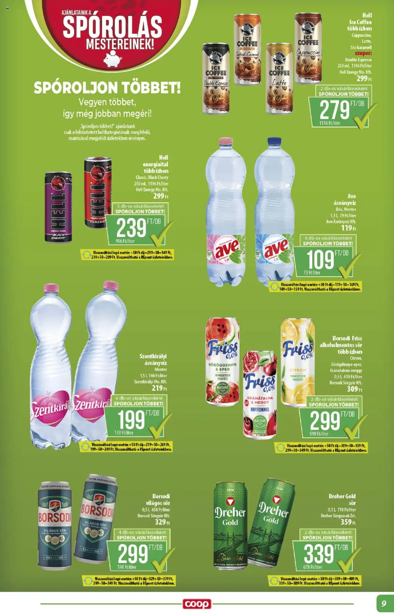 COOP akciós ujság - amely érvényes a következő dátumtól: 14.08.2025 | Oldal: 9 | Termékek: Energiaital, Ásványvíz, Eper, Alkoholmentes sör
