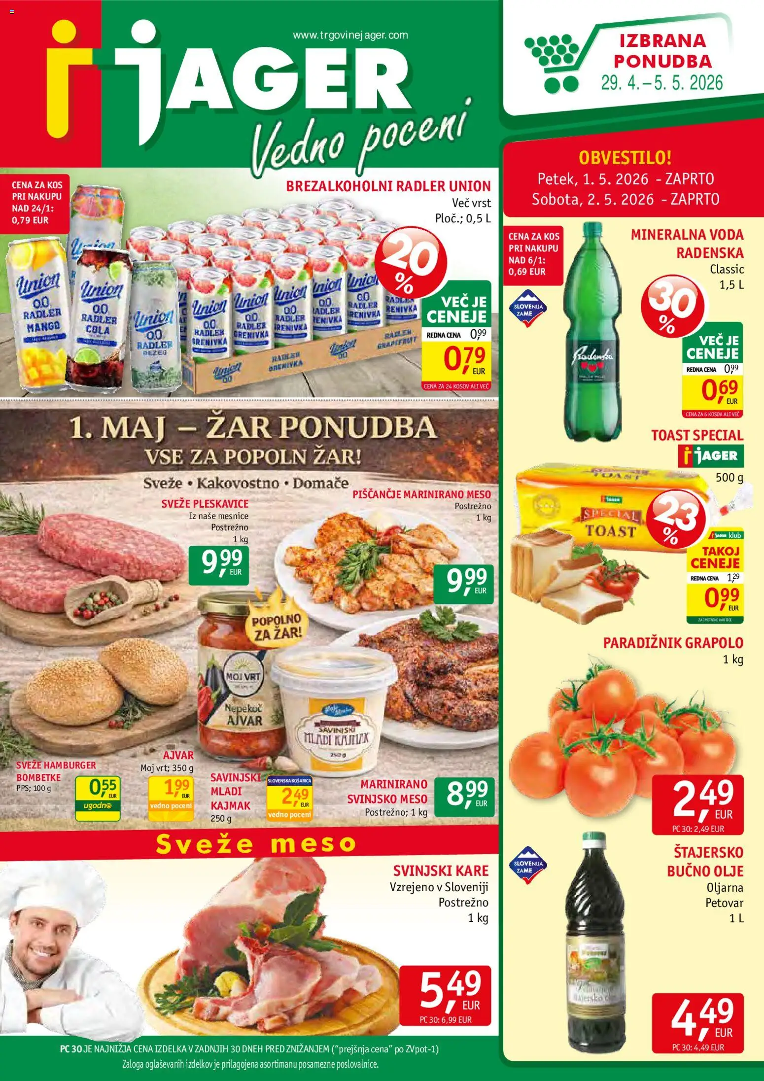 Novi Jager katalog ponudbe – veljaven od 29.04.2026 | Stran: 1 | Izdelki: Toast, Pleskavice, Radler, Svinjsko meso