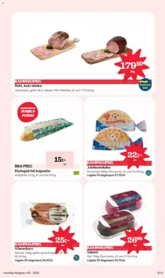 Ekologisk hel baguette, Dafgårds, 275g, jfr-pris 54,55/kg - Förhandsvisning av reklamblad från butik Hemköp aktuell från 13.10.2025 | Sida: 9 | Produkter: Baguette, Salami, Skinka, Wienerkorv