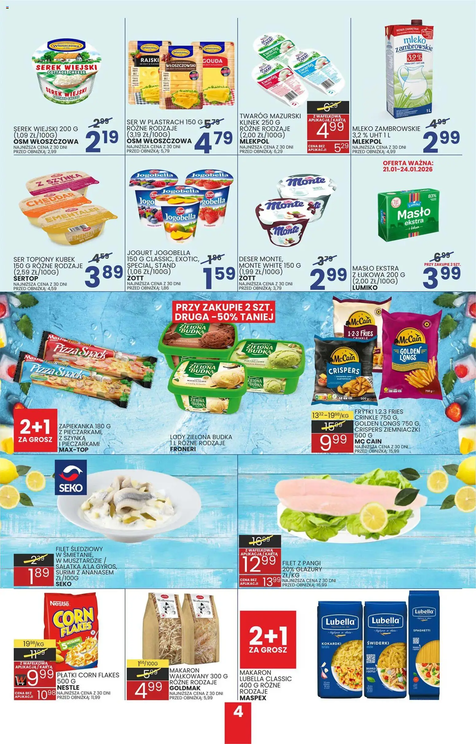 Wafelek Gazetka od 12.01.2026 | Strona: 4 | Produkty: Mleko, Masło, Ser, Makaron