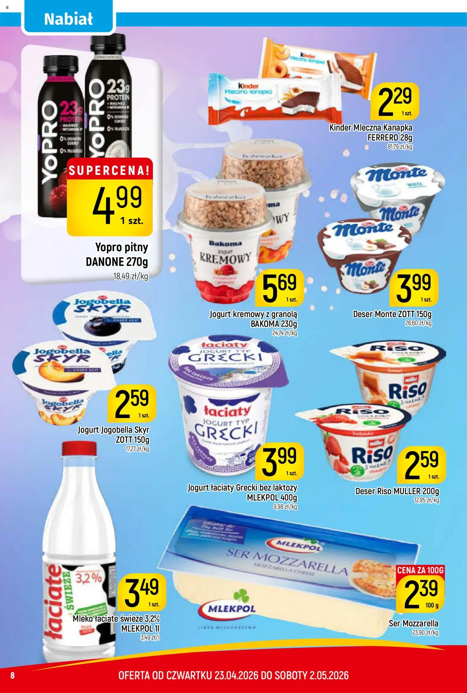 Piotruś Pan gazetka od 23.04.2026 | Strona: 8 | Produkty: Granola, Jogurt, Mozzarella, Jogurt kremowy
